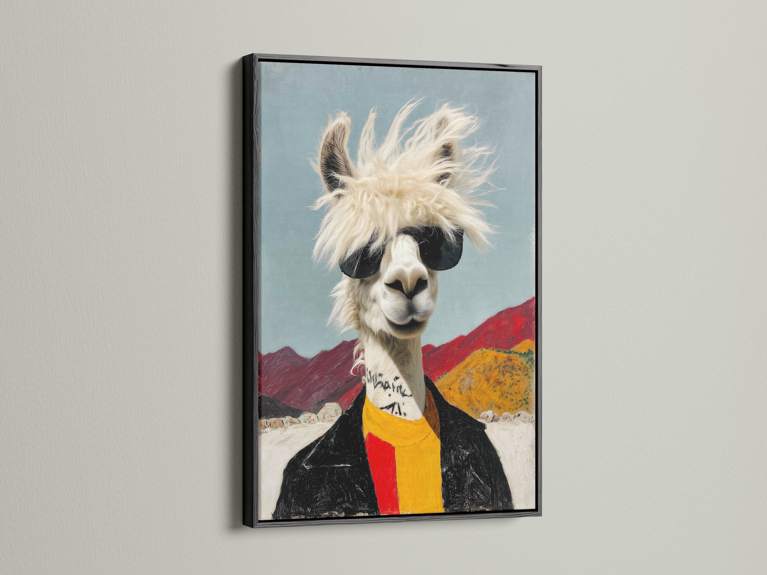 Elevate your space with our cool llama artwork. This quirky animal wall art features a llama with sunglasses. The black frame enhances this funny alpaca canvas. Ideal for a humorous art print.