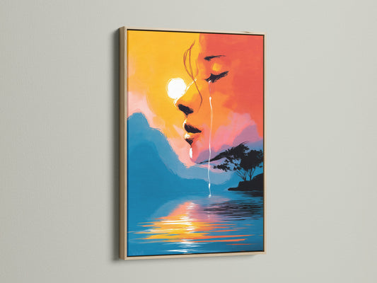 Surreal portrait canvas print in an oak frame. The abstract face art features a sunset lake reflection. It is perfect modern wall art for bedroom decor. The orange and blue art adds style.