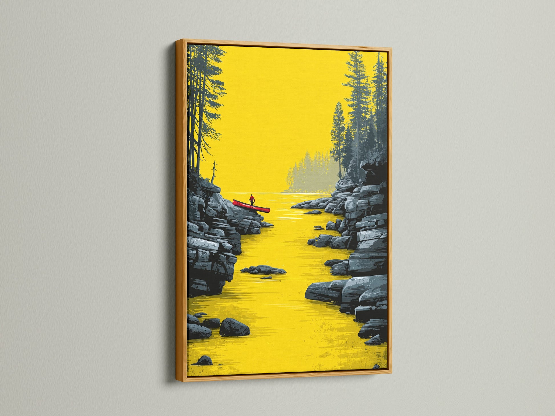 River Kayak Canvas Artwork with a Gold Frame. The artwork features a serene river scene with a lone kayaker. Perfect modern landscape artwork for your office or living room. Elevate your space with this golden yellow wall art today.