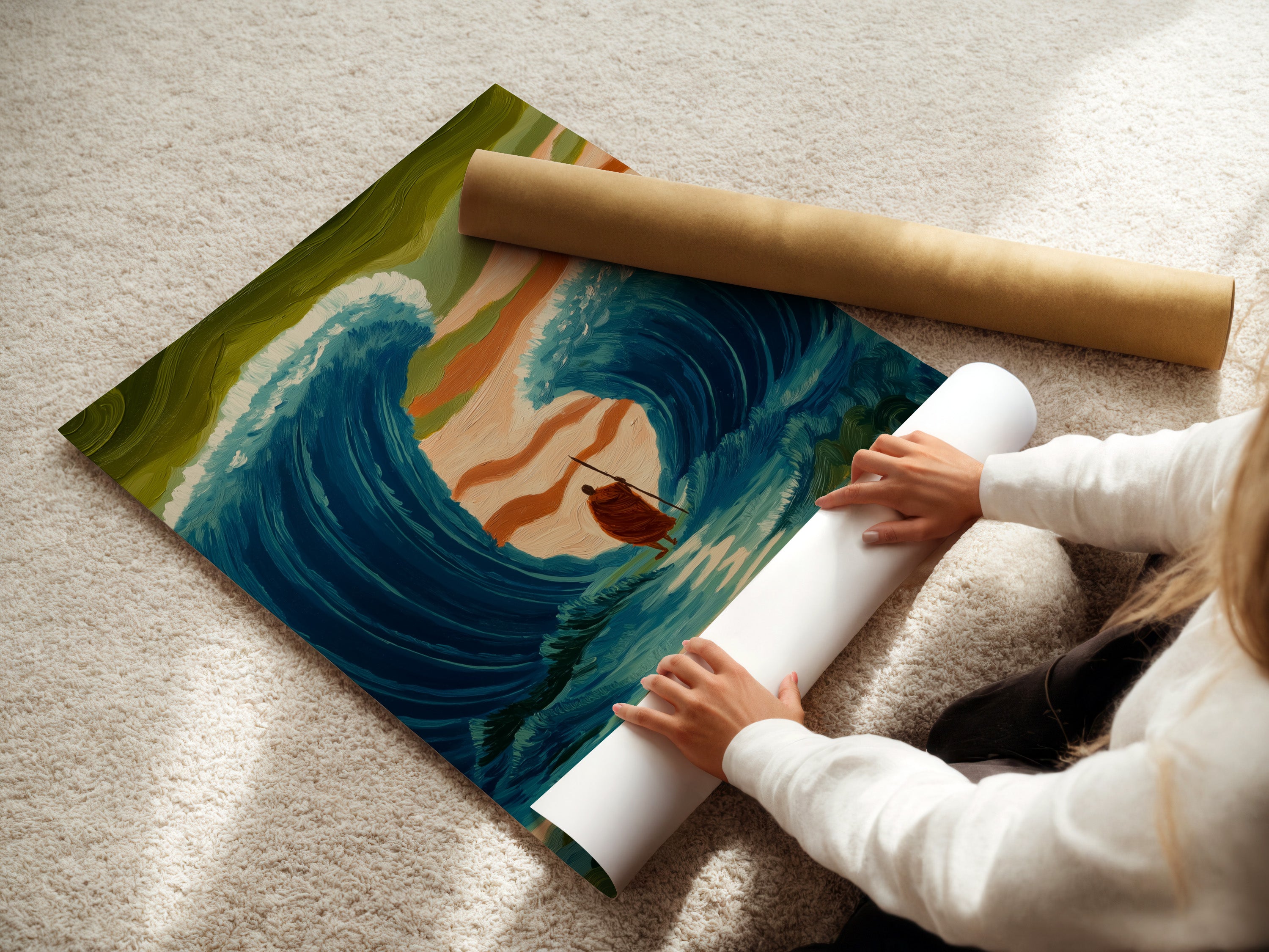 A woman rolls fine art poster paper. Preparing Ocean Wave Art Biblical Moses Parting Sea prints. These religious coastal decor items fit minimalist Scandinavian or eclectic styles. Perfect for living rooms bedrooms or offices. The biblical canvas art is a good choice.