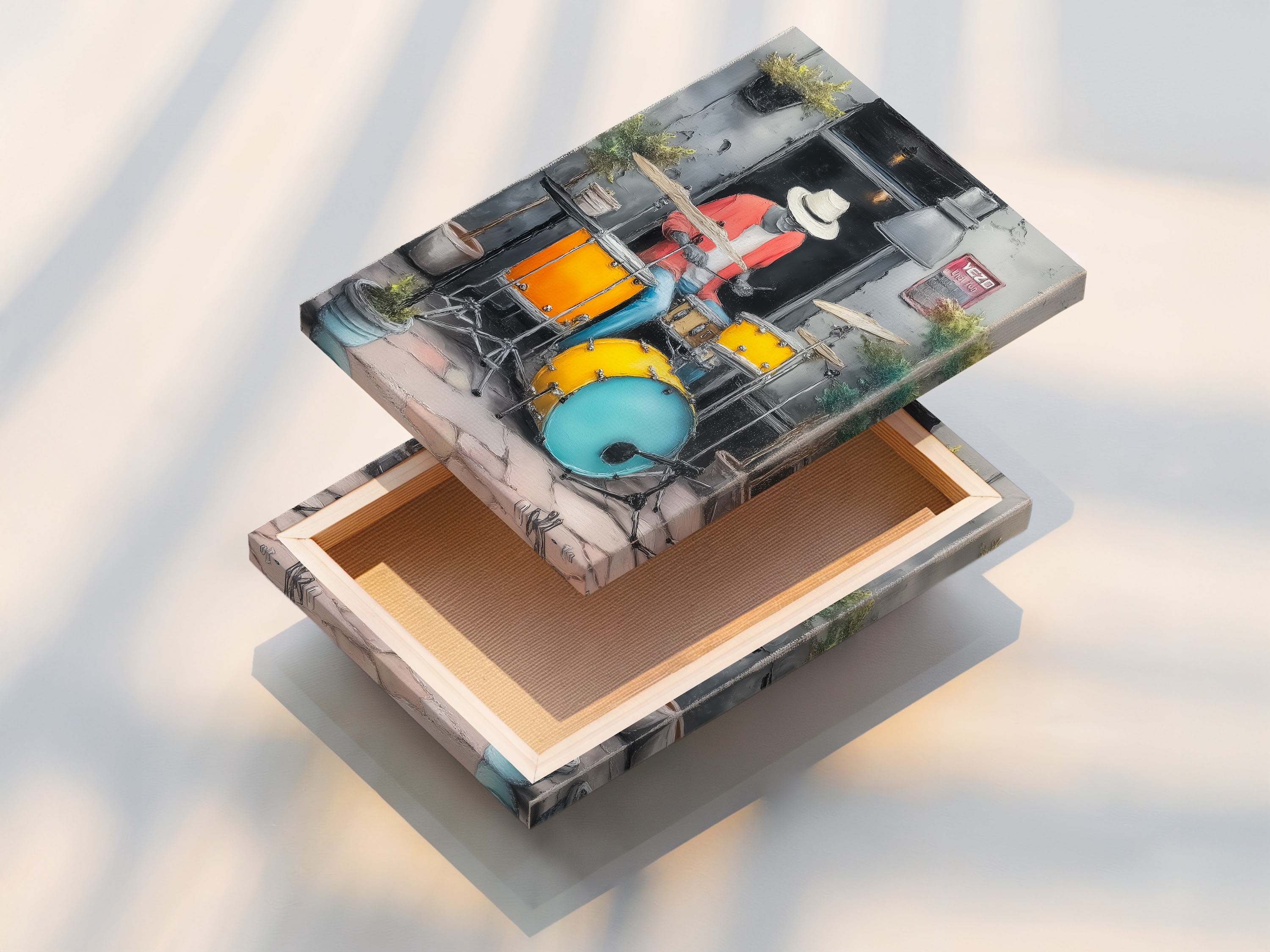 A stretched canvas print of the Jazz Drummer artwork. This modern musician artwork is ready to hang. The urban music wall art is perfect for any space. Add this jazz art print to your collection today.