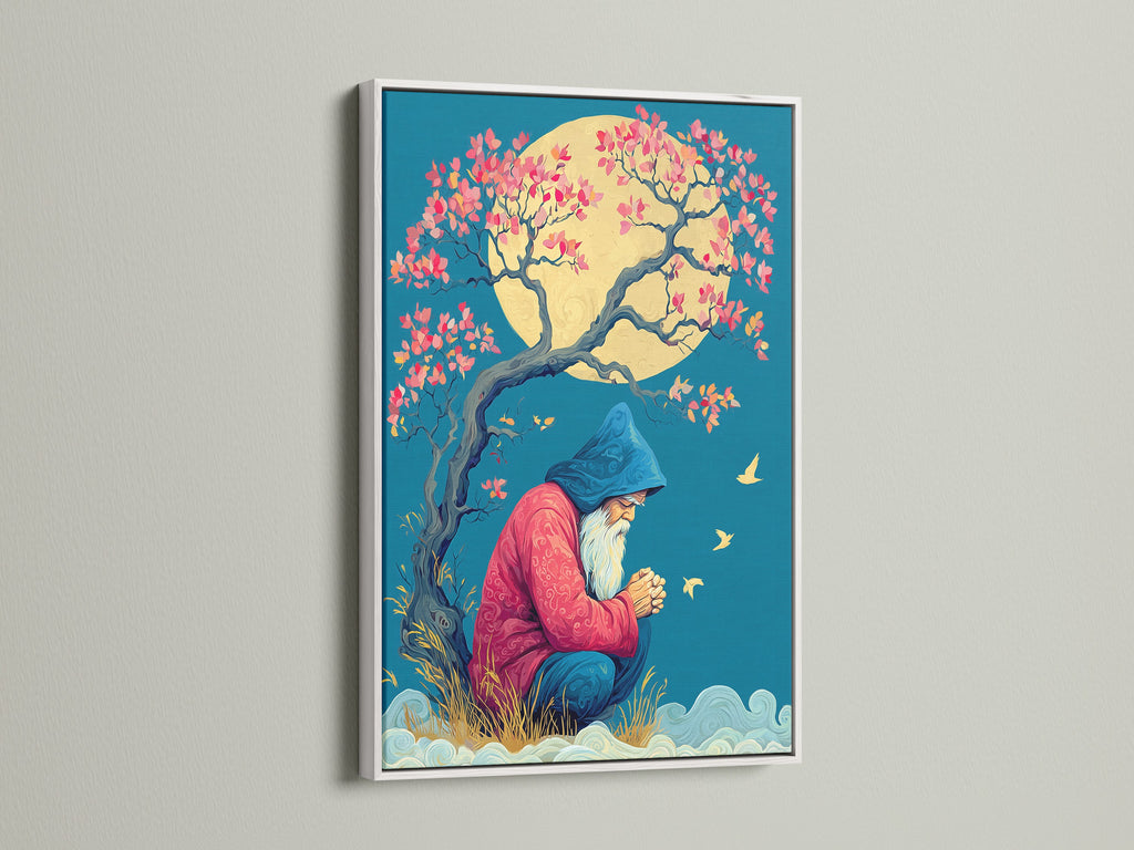 White frame displays a Wizard Canvas Print. This mystical tree wall art provides fantasy artwork for meditation room decor. Find spiritual magic wall art for zen artwork. This serene art print is calming wall art. Discover blue and gold art for a fantasy gift in mythical decor. This frame is sleek and modern.