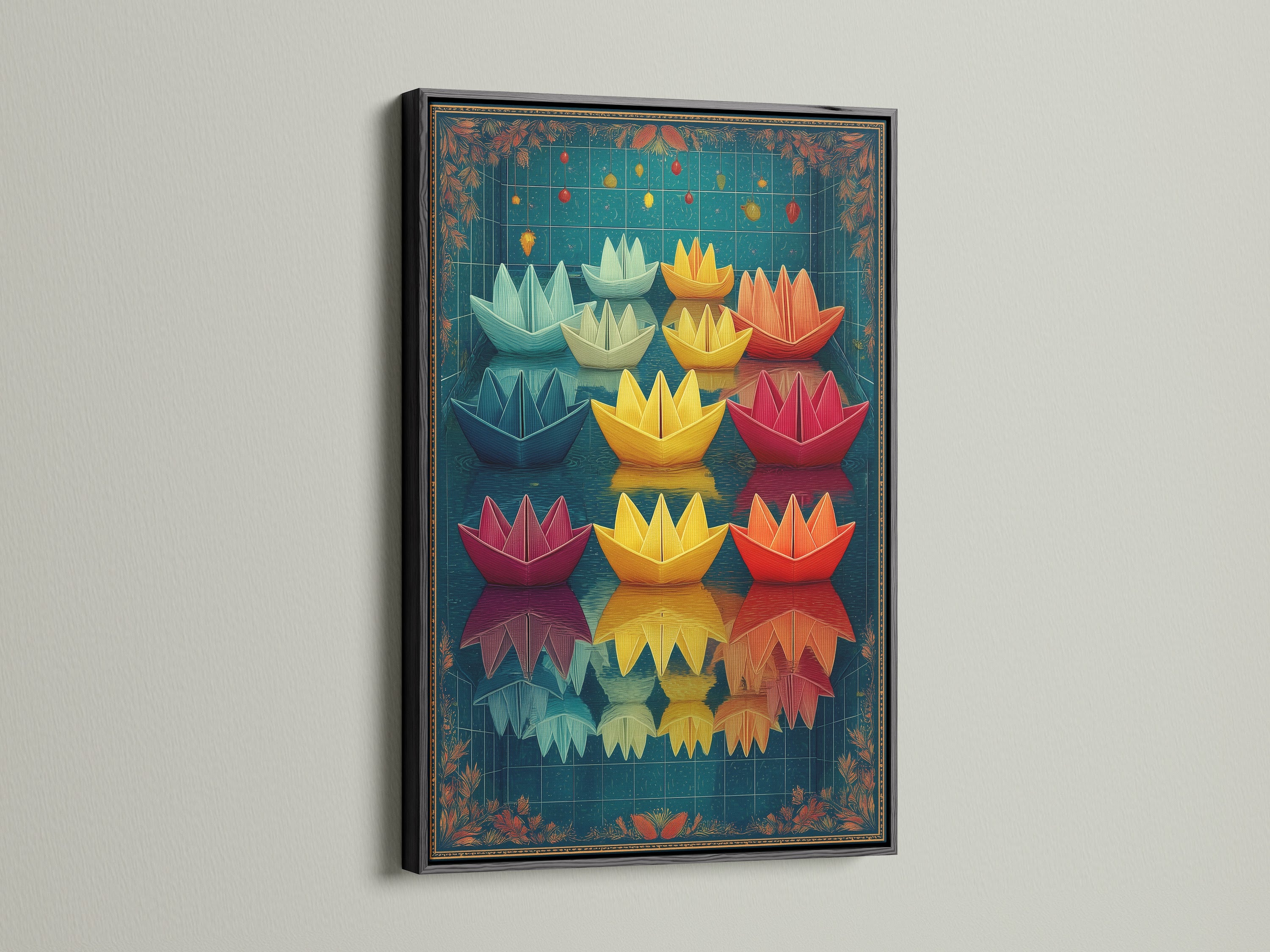 Paper Boat Canvas Print in a Black Frame. A stylish choice for modern kids artwork. The black frame makes the colors pop. The teal and red origami print is perfect for a child's room or nursery decor.
