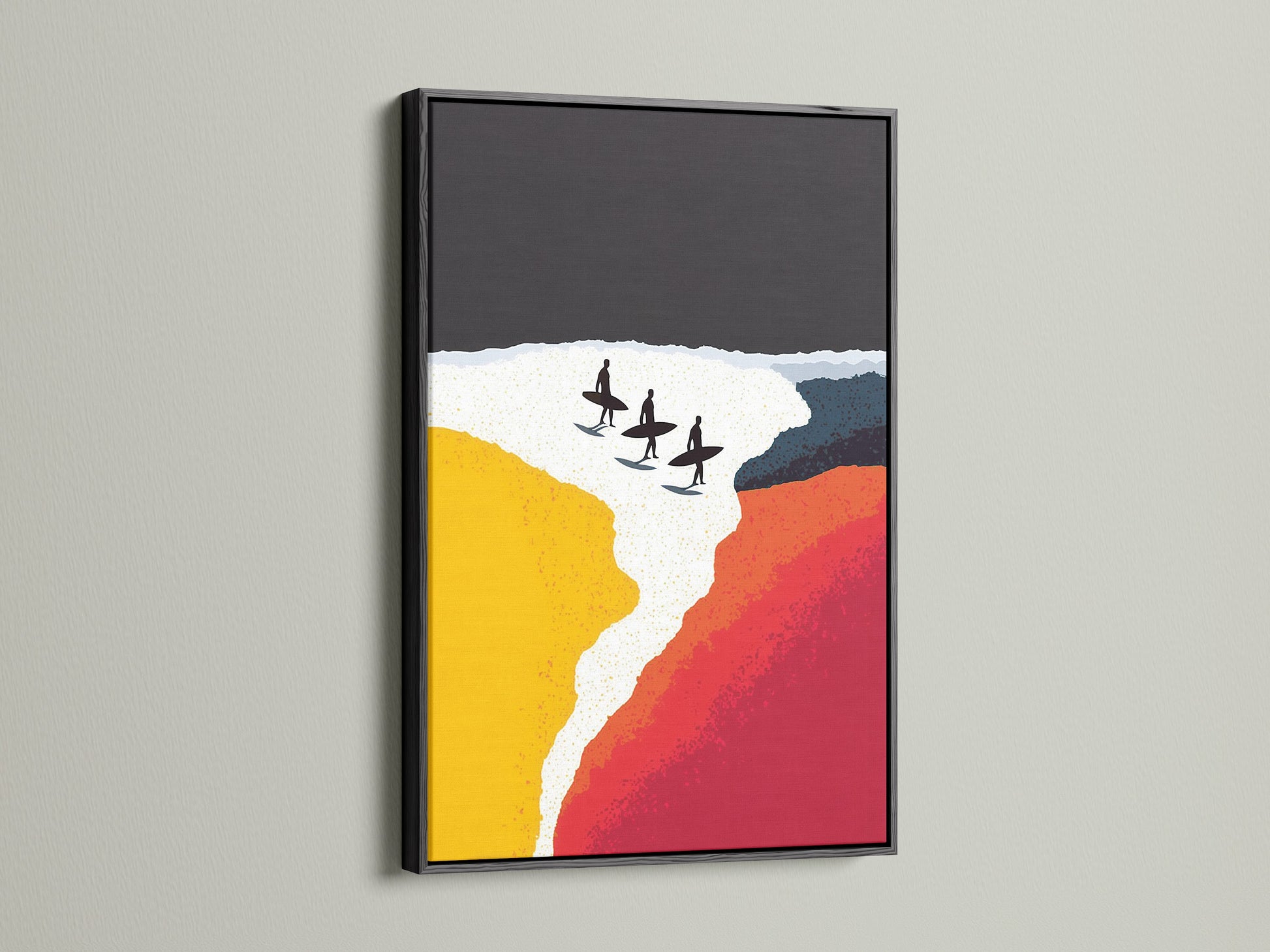Experience the bold contrast of a black frame. This frame accentuates modern surf artwork. The artwork creates a dramatic effect for coastal decor. Perfect for man caves or offices. The black frame provides a sophisticated touch to your space. Discover the beauty.