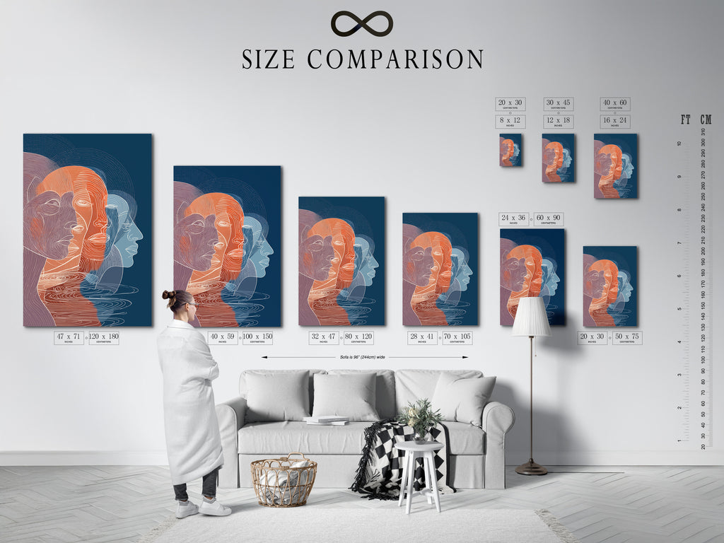 Size comparison chart in an interior setting. The chart helps visualize how different sizes of artwork will look. This is within a room setting. This ensures the perfect fit for your space.