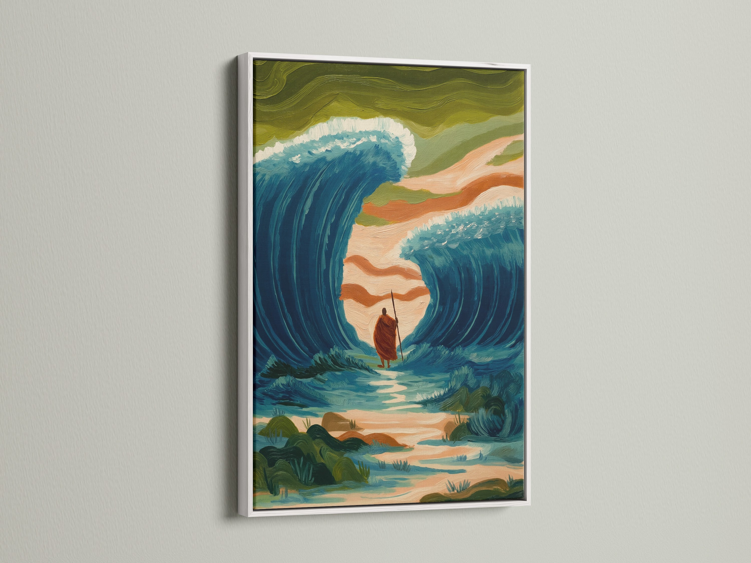 View the Ocean Wave Art in a white frame. This Biblical Moses Parting Sea canvas wall art provides religious coastal decor. Perfect for office walls. This artwork complements minimalist Scandinavian or eclectic styles. Consider for living rooms bedrooms or home offices. This coastal canvas art is a great choice.