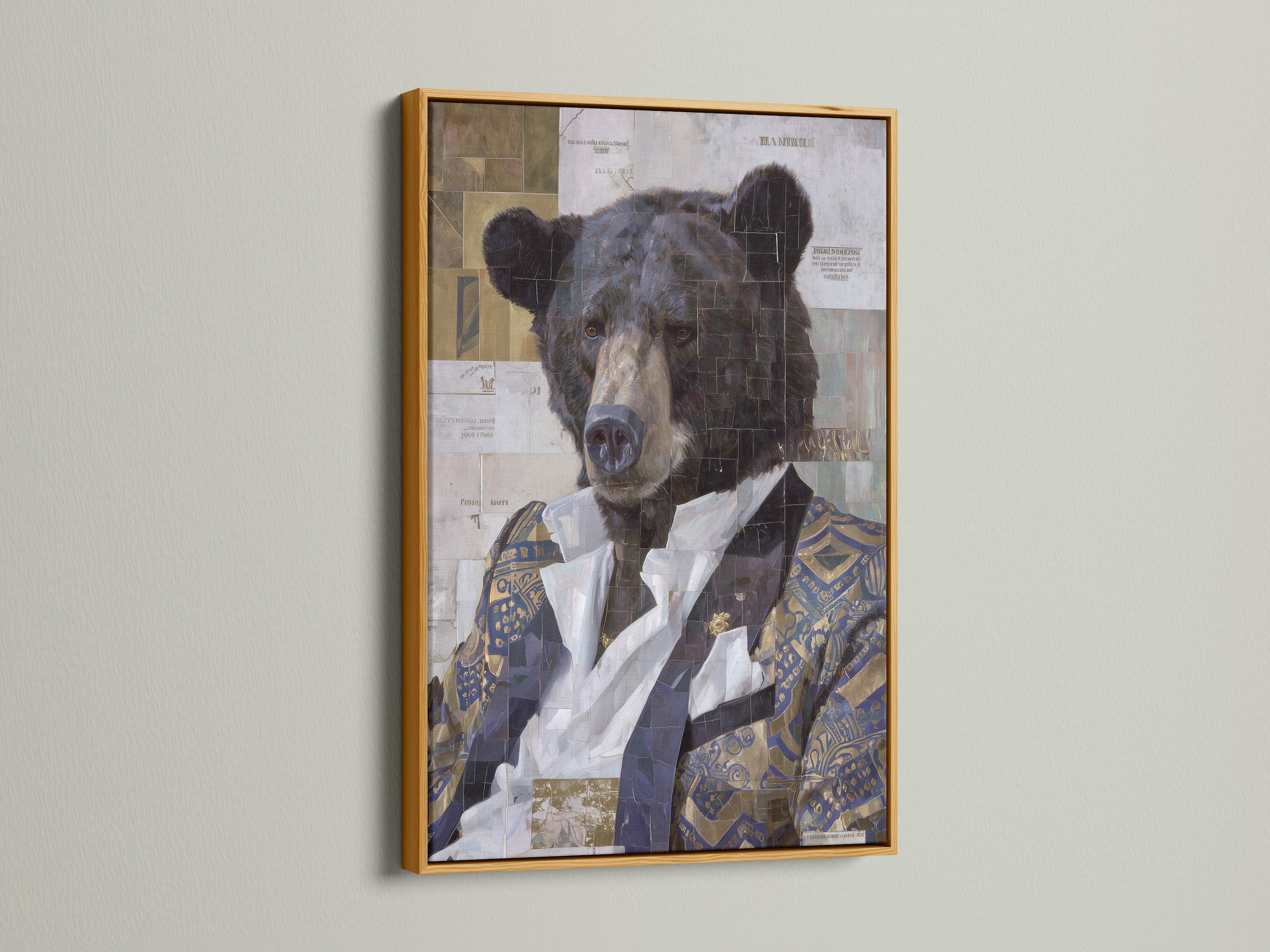 Gold frame featuring a vintage collage bear portrait art print. This animal wall art is ideal for creating an eclectic home decor style. The mixed media print adds a touch of elegance to study rooms libraries or offices.  Its perfect for bohemian spaces.