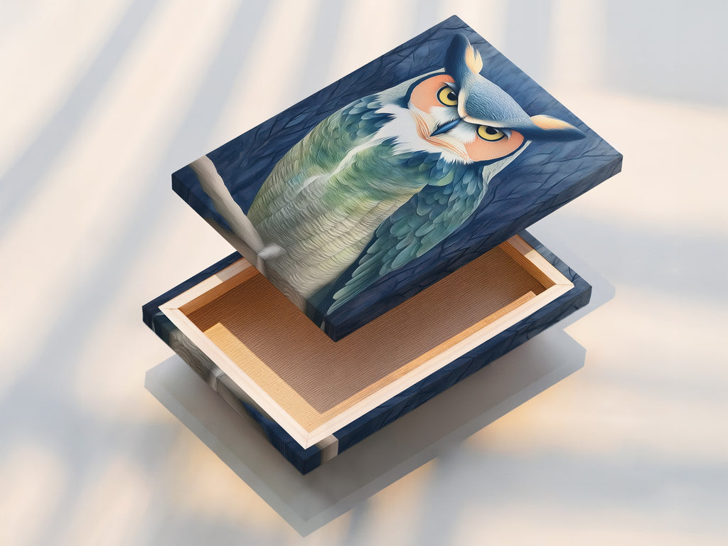 A stretched canvas print displays the owl portrait. This moody bird wall art is ready to hang. Teal and beige tones create a calming effect in any room. Ideal for cabin wall art or study room decor.