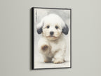 The black frame highlights this endearing puppy artwork. This dog canvas print adds a modern touch to any room. It is ideal for kids room decor or nursery wall art. The Japanese art style is perfect for animal lovers. Get this adorable puppy art for your home or as a gift