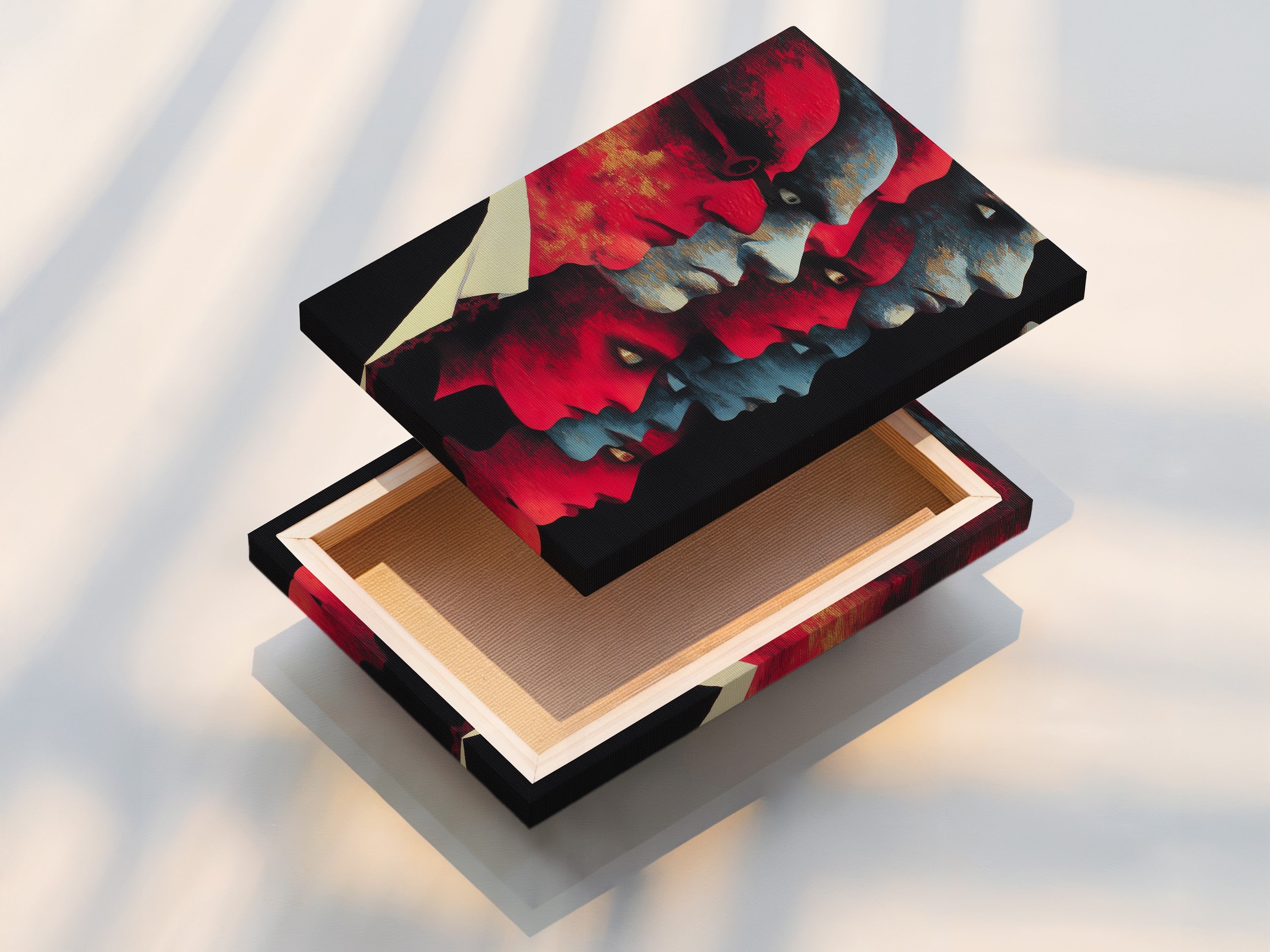 A stretched canvas print showcases abstract faces in red and blue tones. This modern artwork adds a bold statement to any space. Perfect for those seeking unique wall art that stands out. Ideal for living rooms bedrooms or offices needing a touch of contemporary style. Elevate your decor with this striking canvas print.