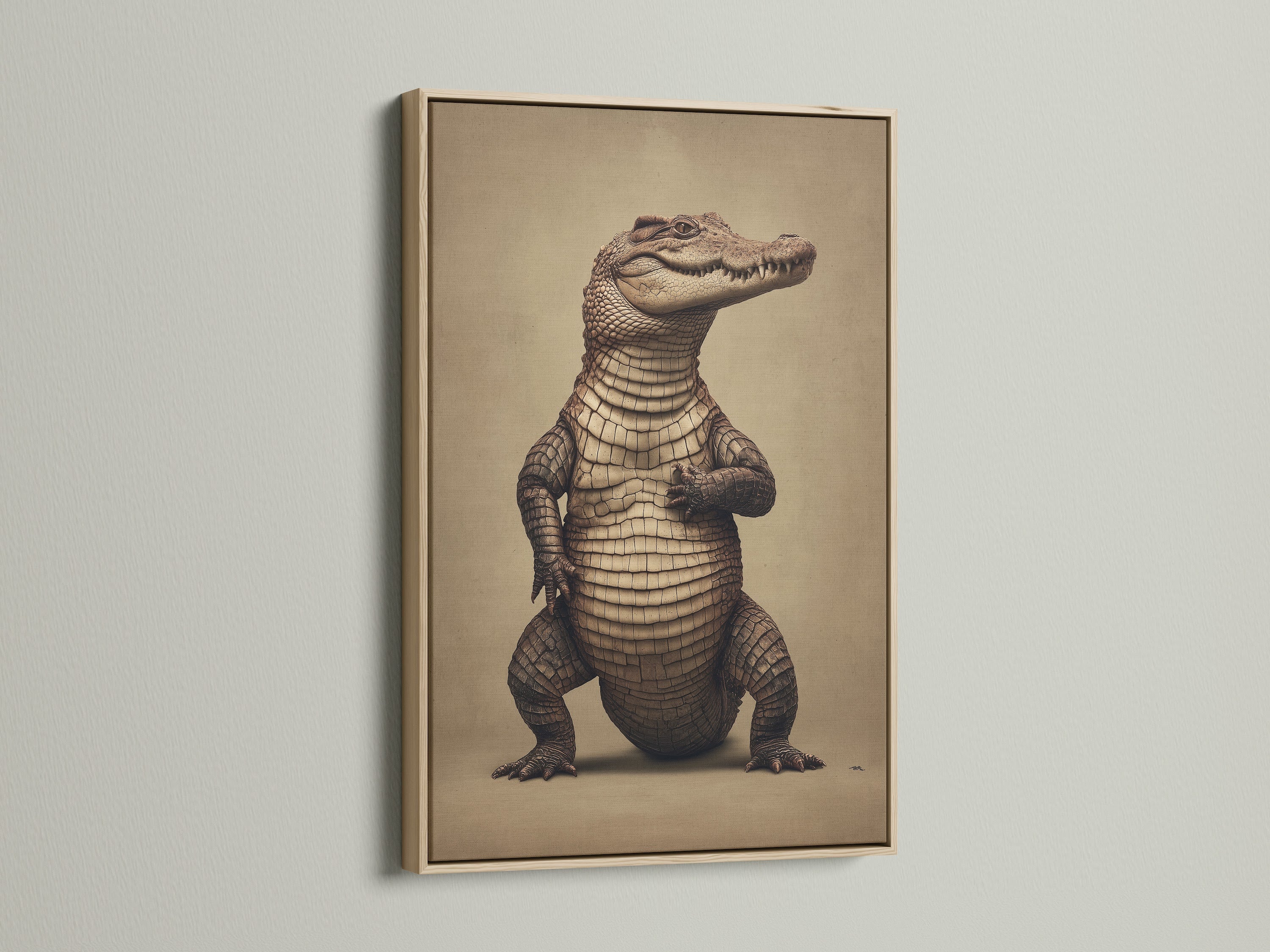 This sepia wildlife poster features an alligator in an oak frame. It is ideal for adding a rustic touch to your man cave or office. The vintage animal artwork brings a unique charm. Discover the elegance of this reptile print today.
