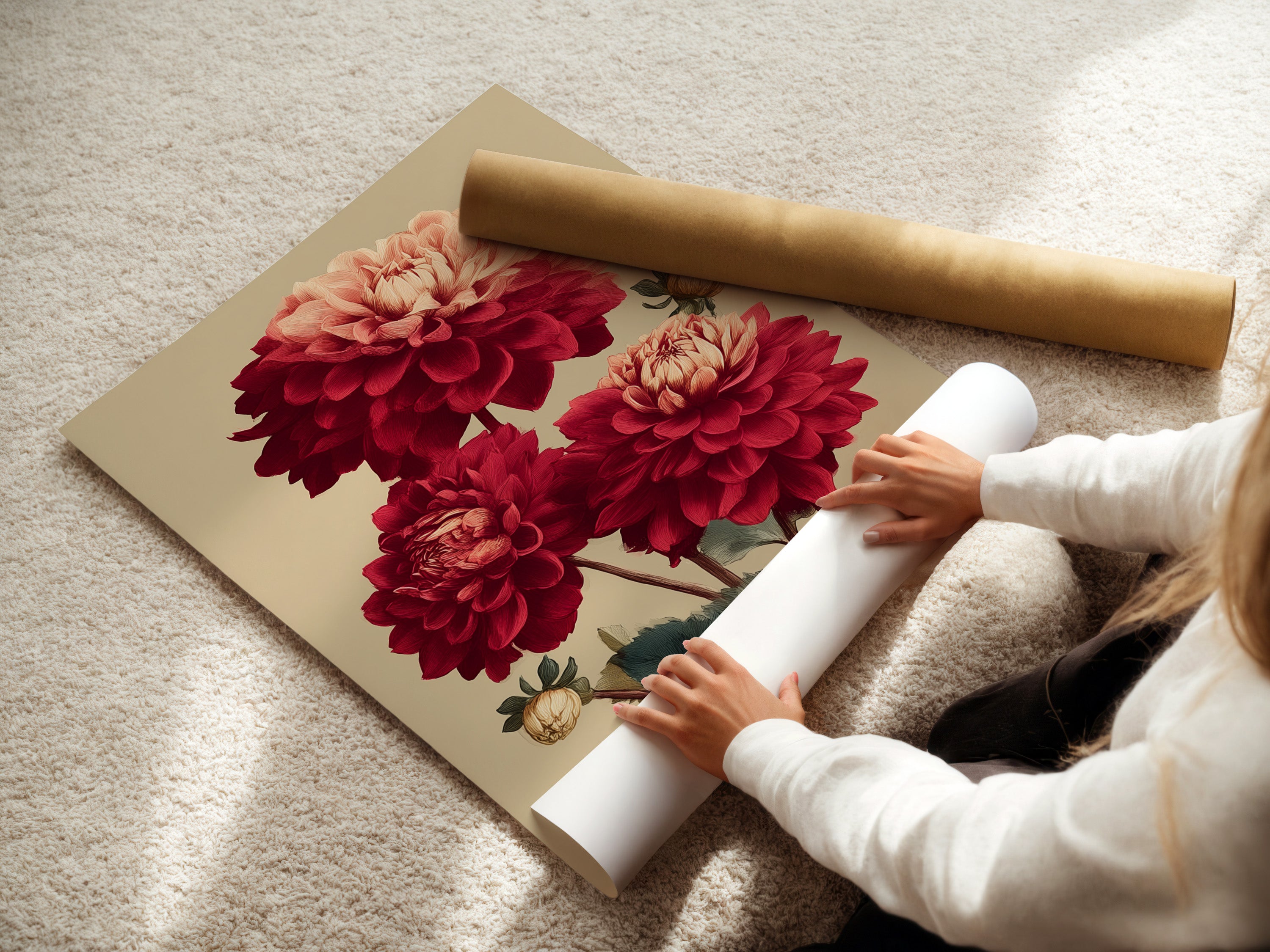 A woman rolls a fine art poster paper. The paper features the Dahlia Botanical Print. This vintage botanical is ready to be framed. Perfect for those who appreciate fine art and quality prints.