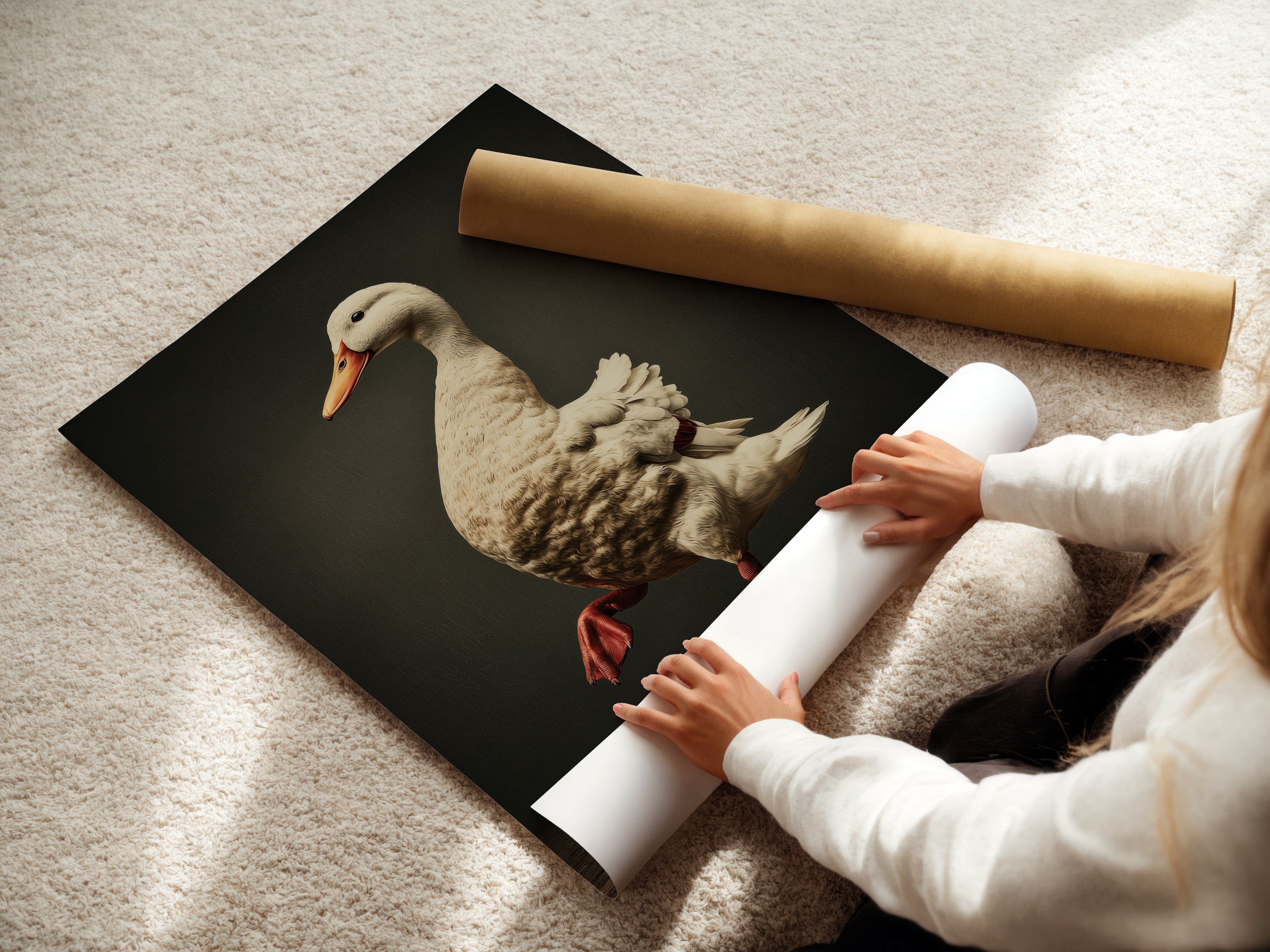 A woman rolling a fine art poster paper print of a vintage duck artwork. This animal art features a duck wearing red boots. Perfect for adding a whimsical touch to your farmhouse decor. Ideal for country wall decor.