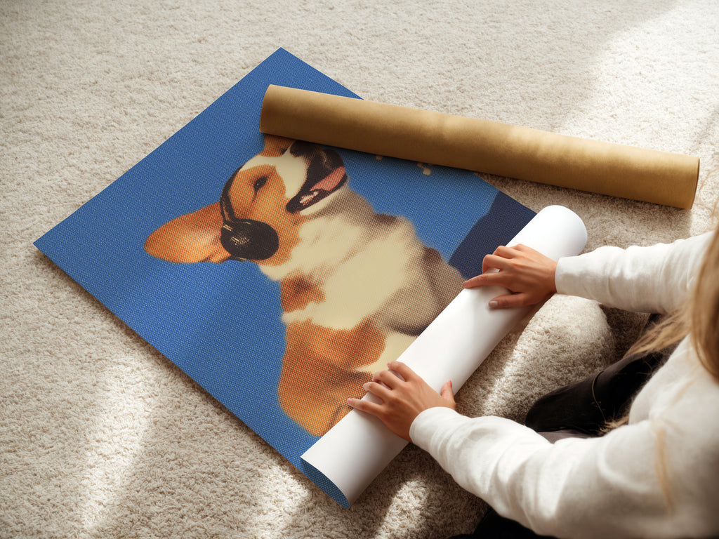 Woman rolling a fine art poster paper of Corgi Music Artwork Print. Dog listening to headphones canvas wall art. A blue pet portrait for office wall decor. Ideal for dog lovers seeking unique wall art. Appreciate a touch of whimsy in your home.