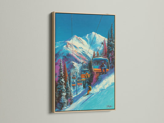 This is a Ski Lift Canvas artwork. It features an oak frame. The piece captures a vintage winter sports scene. This retro mountain skiing artwork is ideal for den wall decor. It brings a rustic cabin feel.
