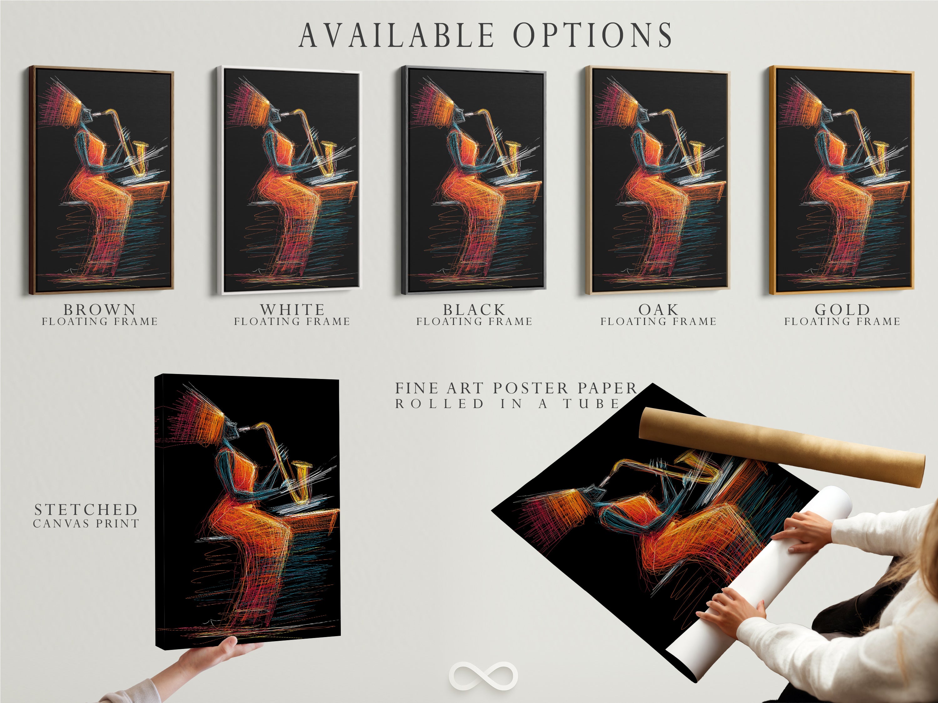 Available options for jazz saxophone art include stretched canvas prints fine art poster paper and floating frames. Choose the perfect format for this abstract music artwork. Enhance your music room decor with these vibrant art prints.