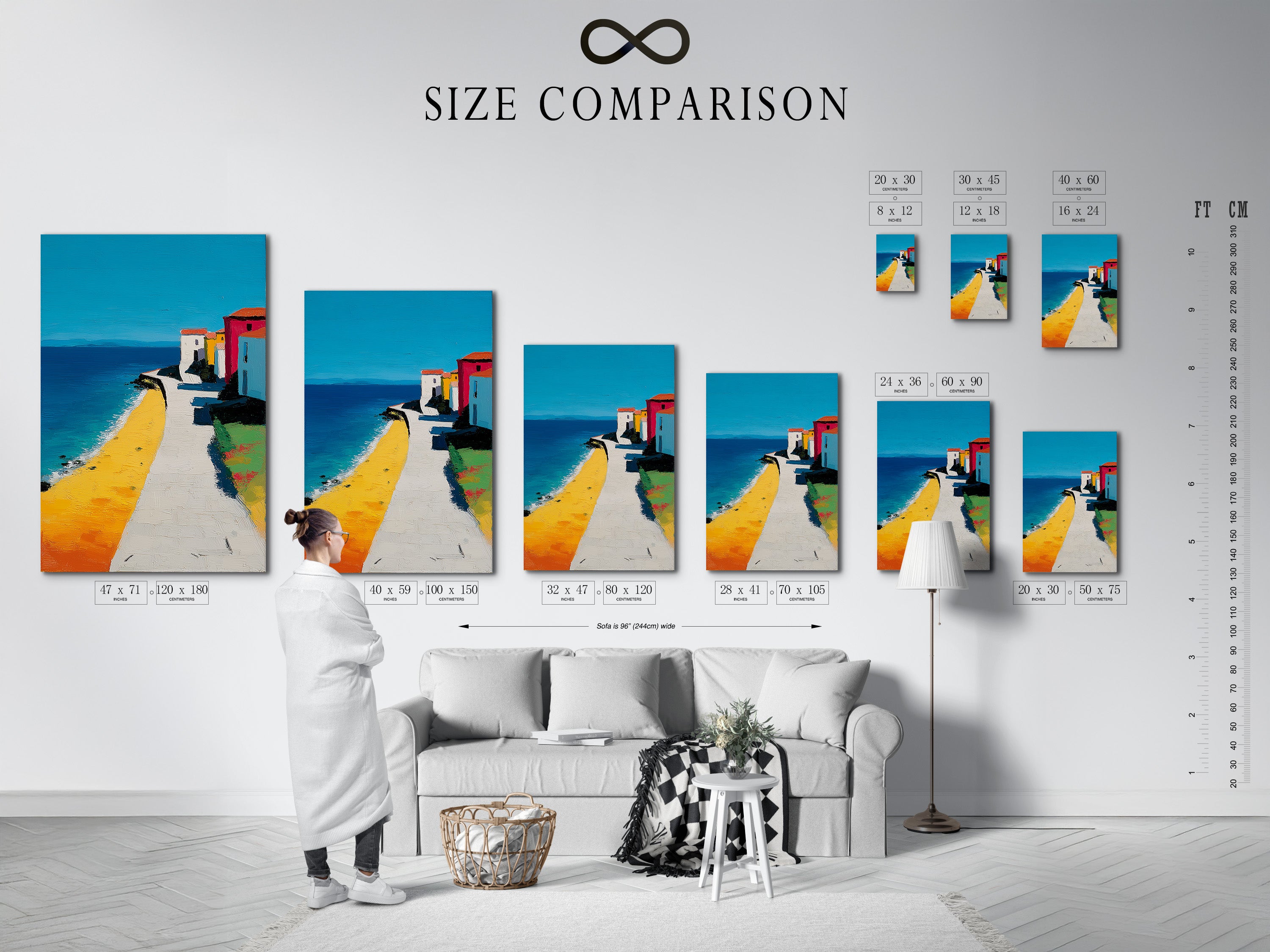 A size comparison chart displayed in an interior setting. Visualize how different sizes of artwork will look in your home. Choosing the perfect size to fit your space. This chart helps you make an informed decision. Use this chart to pick your size.