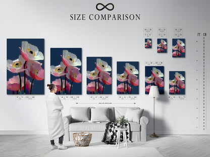 The image displays a size comparison chart in an interior setting. The chart shows available sizes for the pink poppy art. This helps customers visualize the modern botanical art. It ensures the contemporary wall art fits perfectly in their space.