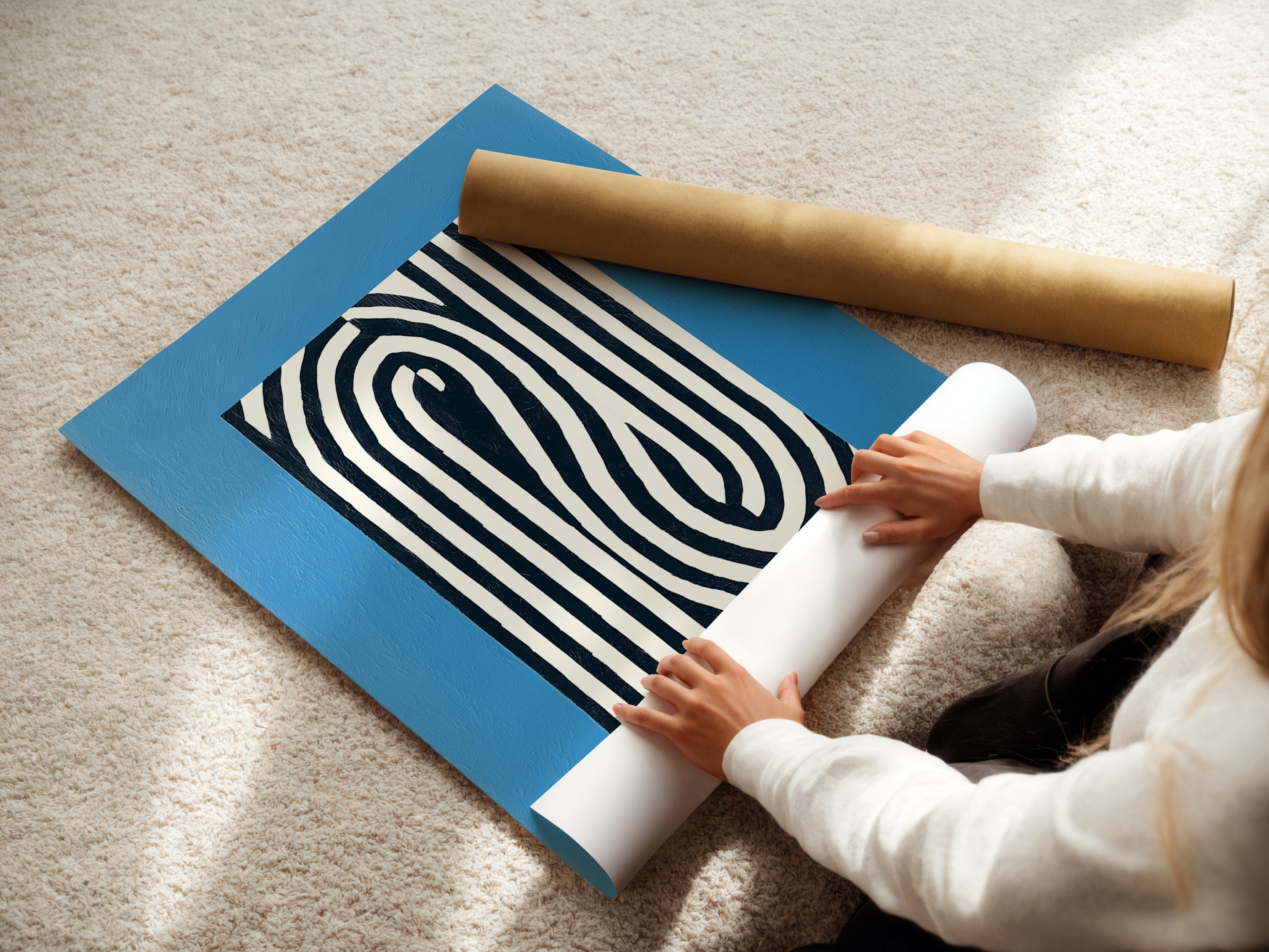 A woman is carefully rolling a fine art poster paper. She is preparing it for framing or display. The poster paper is high-quality. Ideal for showcasing your favorite artwork. Learn about our fine art poster options for your art prints.