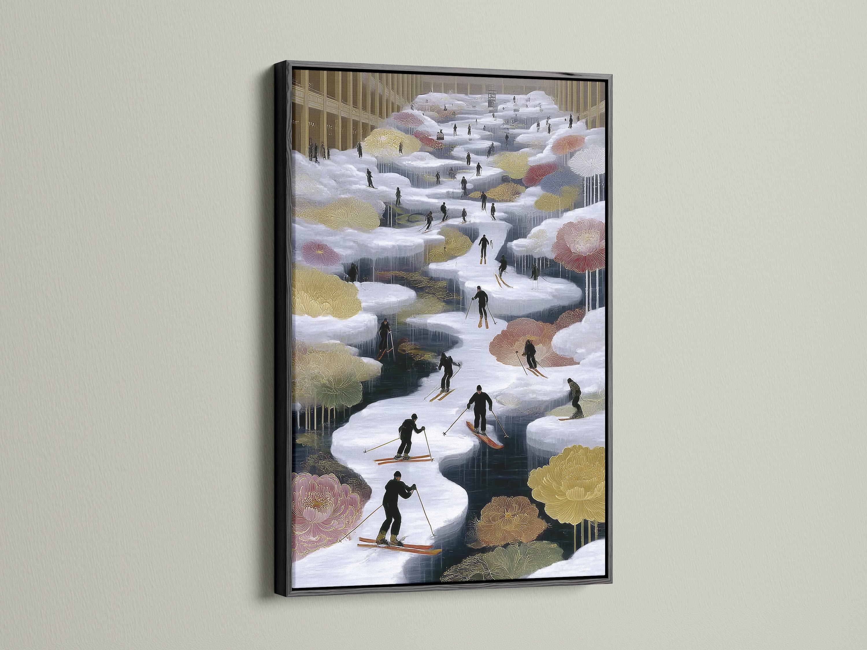 A black frame surrounds this striking skiing artwork. A perfect winter sports art for a modern look. The alpine canvas print offers a bold contrast. This mountain landscape artwork stands out as cabin wall decor.