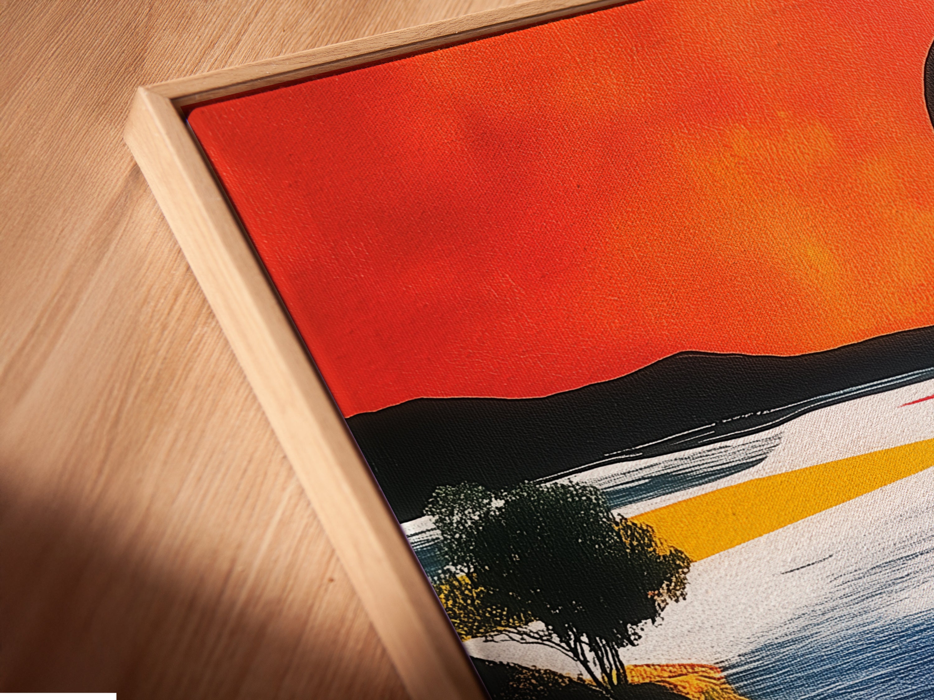 This is a close-up of a canvas print. The abstract landscape artwork is showcased in a floating frame. The frame creates a unique shadow effect. The modern piece enhances the artwork.
