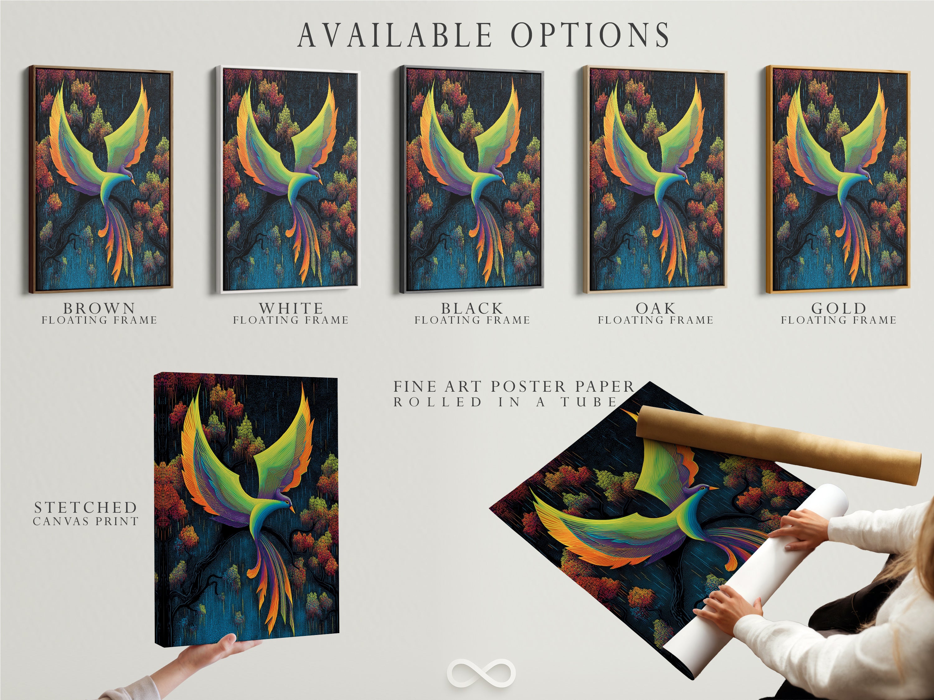Available options for the Phoenix Bird artwork are displayed. Choose from stretched canvas prints fine art poster paper and floating frames. The abstract teal and orange art is perfect for any space. Find the perfect option for your home.