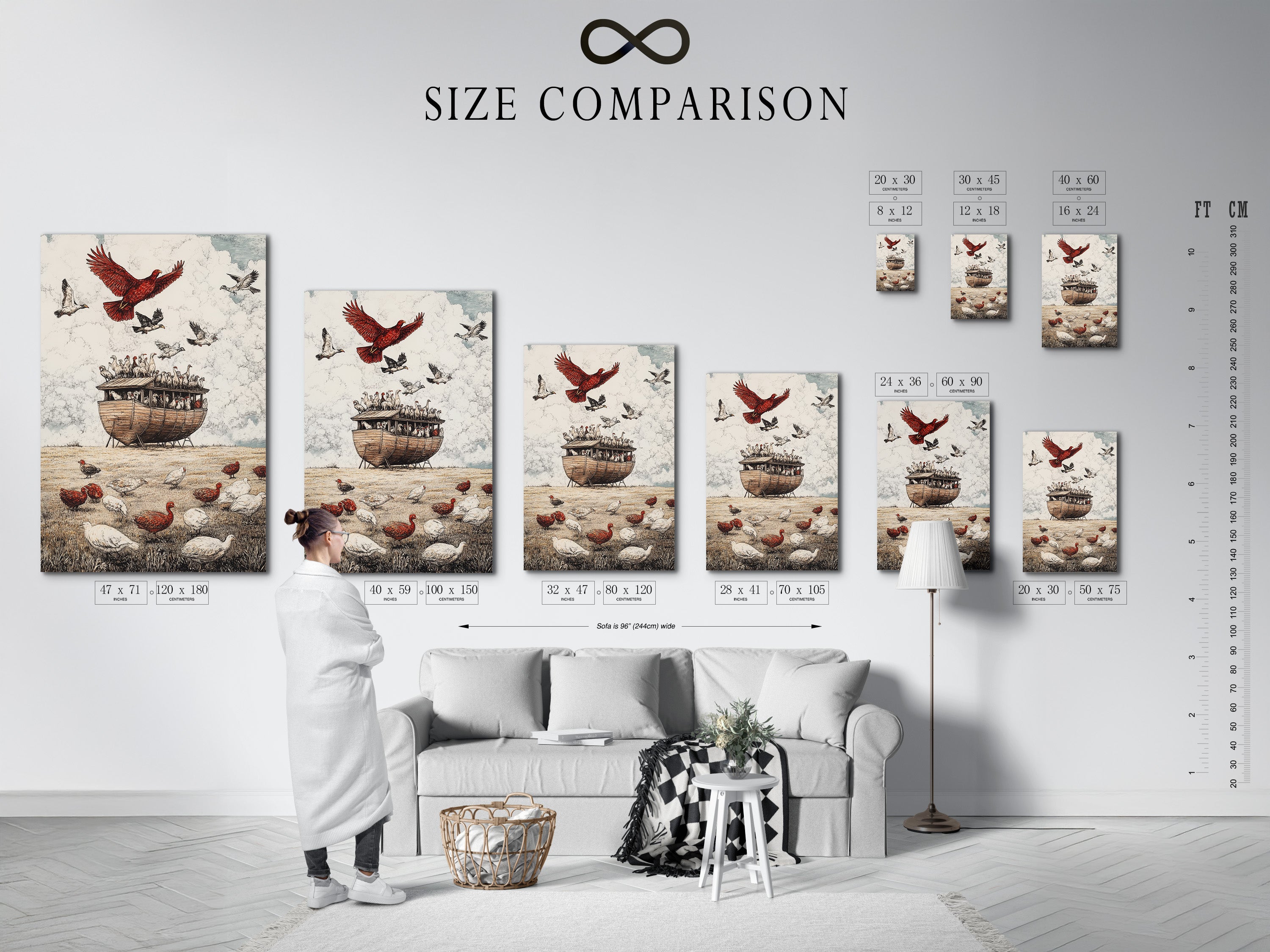An interior scene featuring a size comparison chart. This chart helps you visualize different artwork sizes in a room. It makes it easier to choose the perfect size for your space. Find the ideal artwork size.