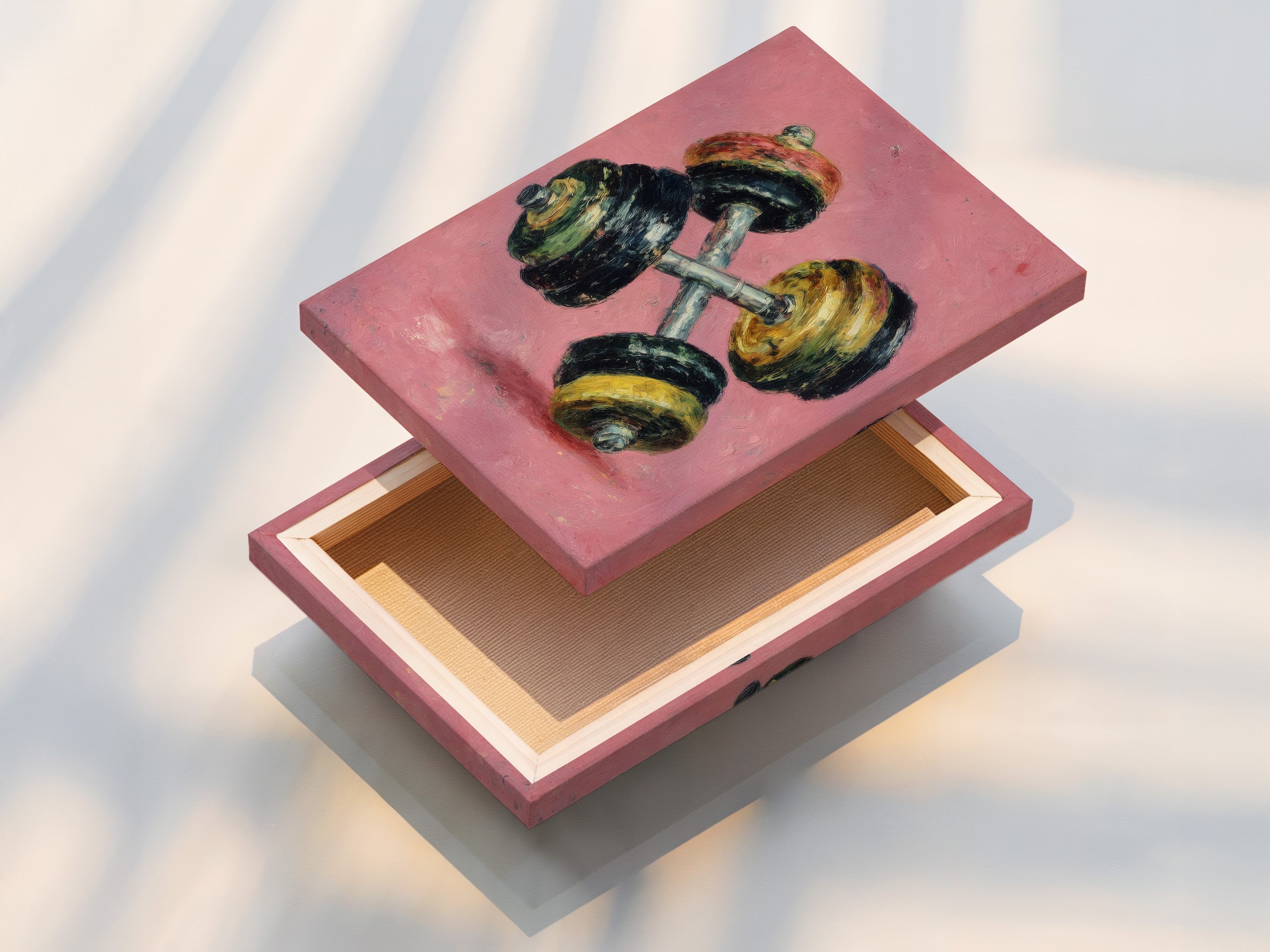 A stretched canvas print of vintage dumbbell artwork. The retro fitness wall art is ready to hang. The pink canvas print is ideal for home gym decor. Get inspired with motivational workout art today for your home.