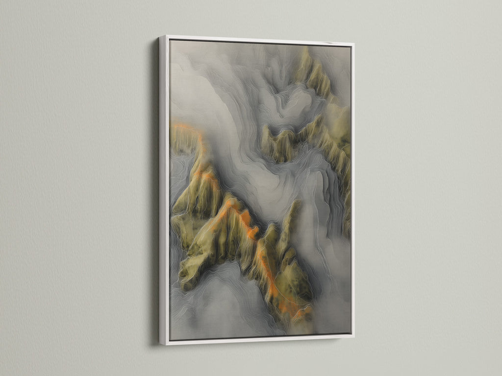White frame art. The artwork features a topographical map with detailed lines. The white frame provides a clean. It offers a modern look. This contrast highlights the artwork's intricate details. It makes it a focal point.