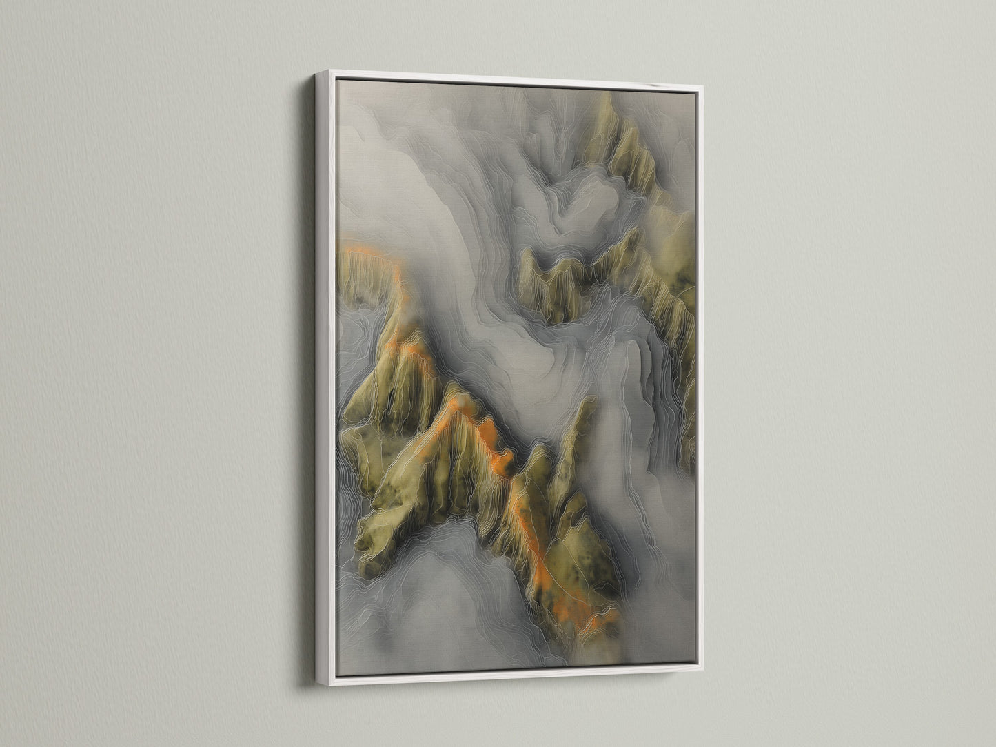 White frame art. The artwork features a topographical map with detailed lines. The white frame provides a clean. It offers a modern look. This contrast highlights the artwork's intricate details. It makes it a focal point.