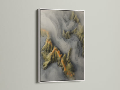 White frame art. The artwork features a topographical map with detailed lines. The white frame provides a clean. It offers a modern look. This contrast highlights the artwork's intricate details. It makes it a focal point.