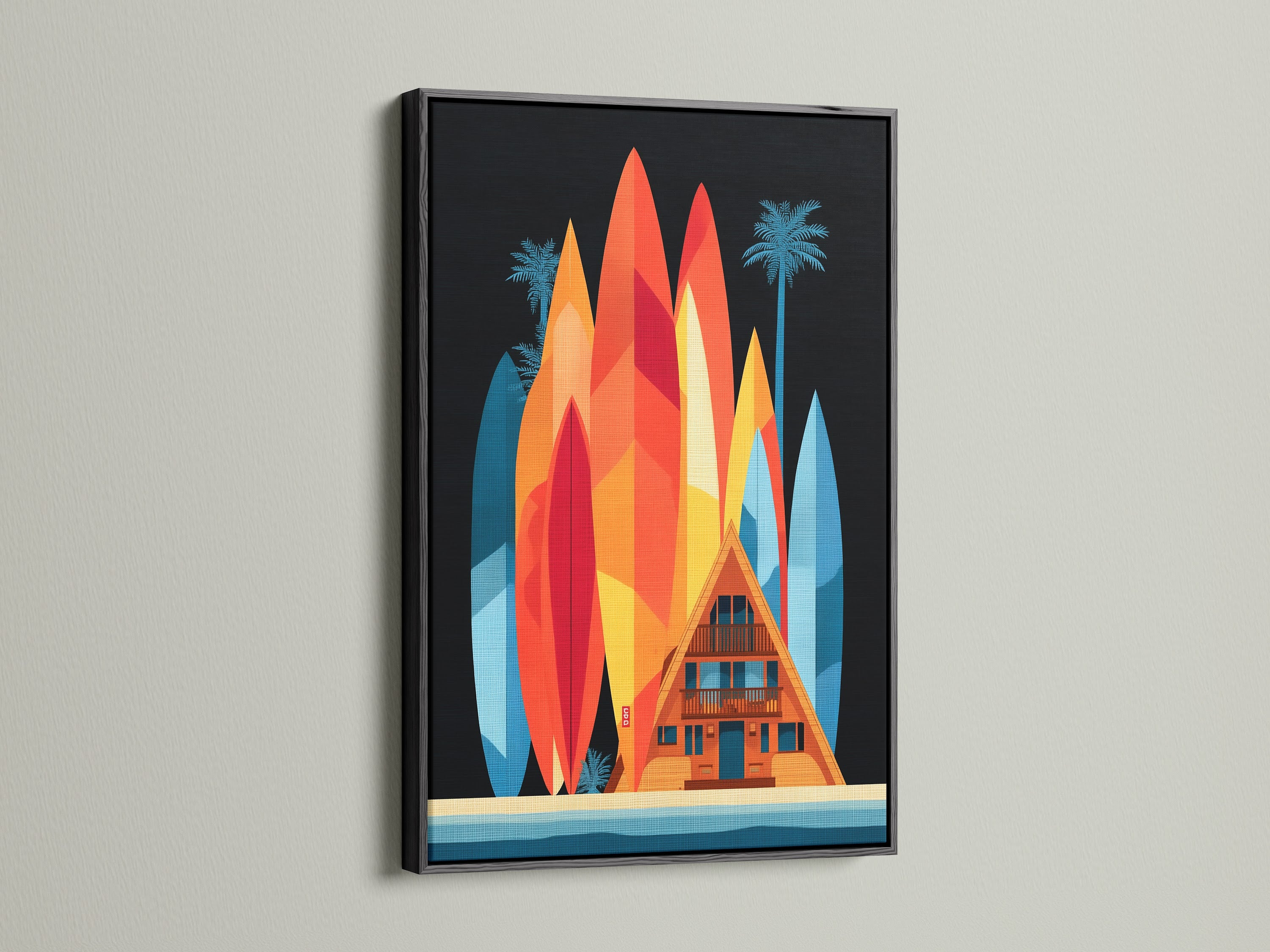 A-Frame house artwork in a black frame. This mid-century artwork elevates any space. The striking surfboard artwork is a great conversation piece. It's perfect for homeowners seeking coastal art.