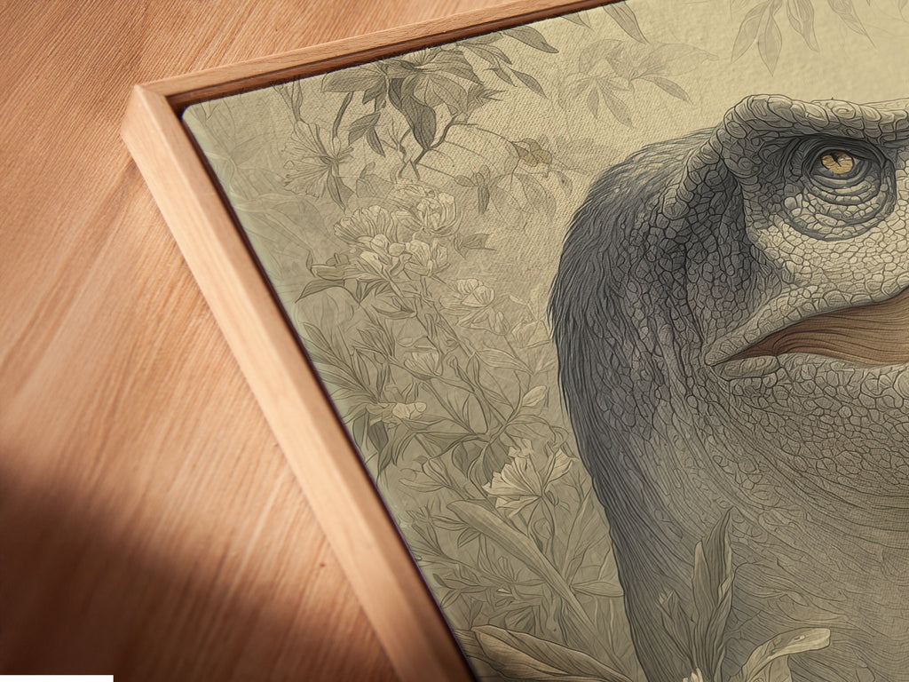 An angled close up of a canvas print in a floating frame. The floating frame enhances depth to the artwork. It creates a gallery like presentation. Explore our floating frame options for a unique display.