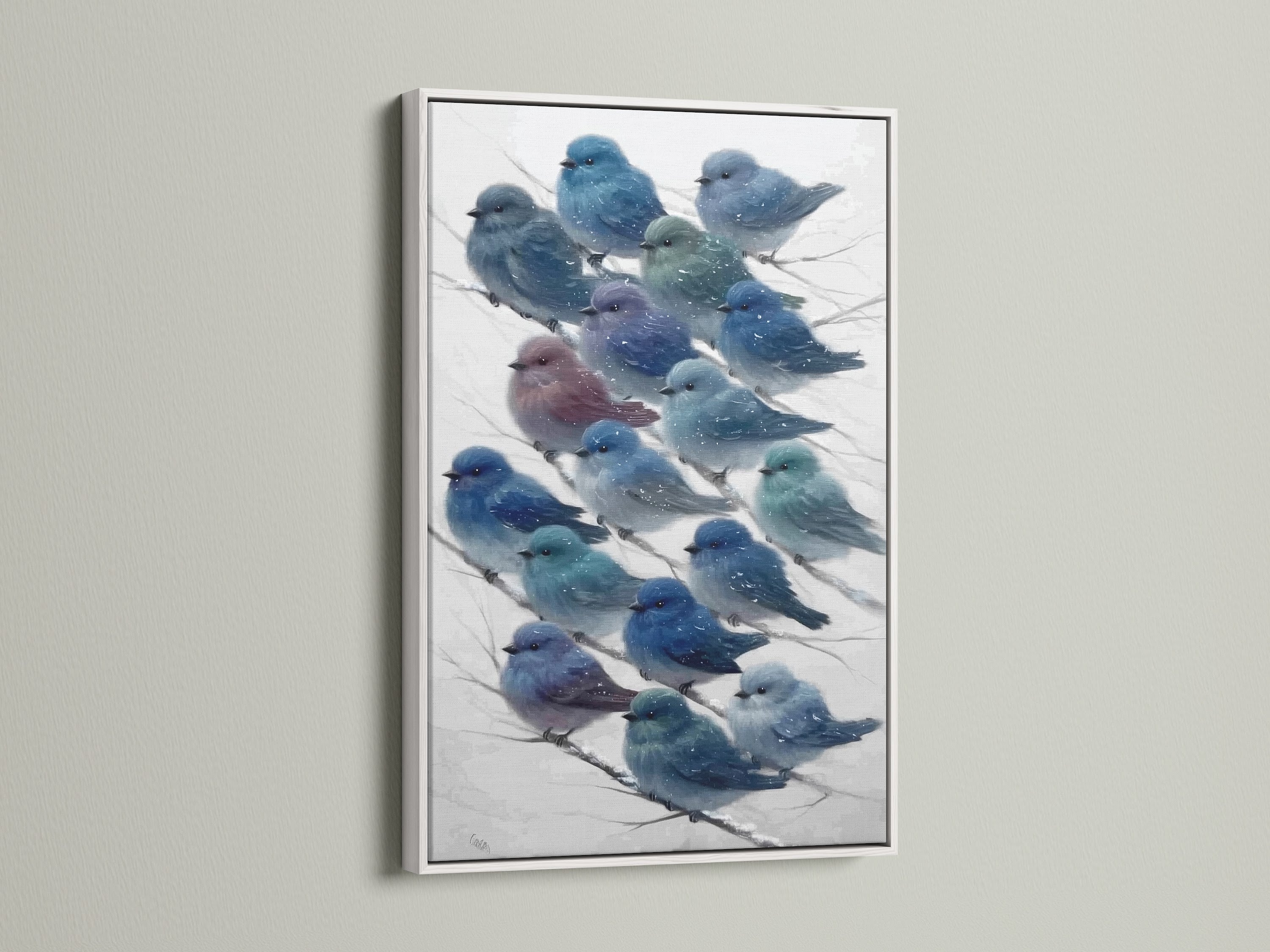 The artwork features bluebirds. The canvas print is displayed in a white frame. It's perfect nursery wall art. The snowy bird artwork enhances living rooms and bedrooms. A great gift for ornithology enthusiasts.