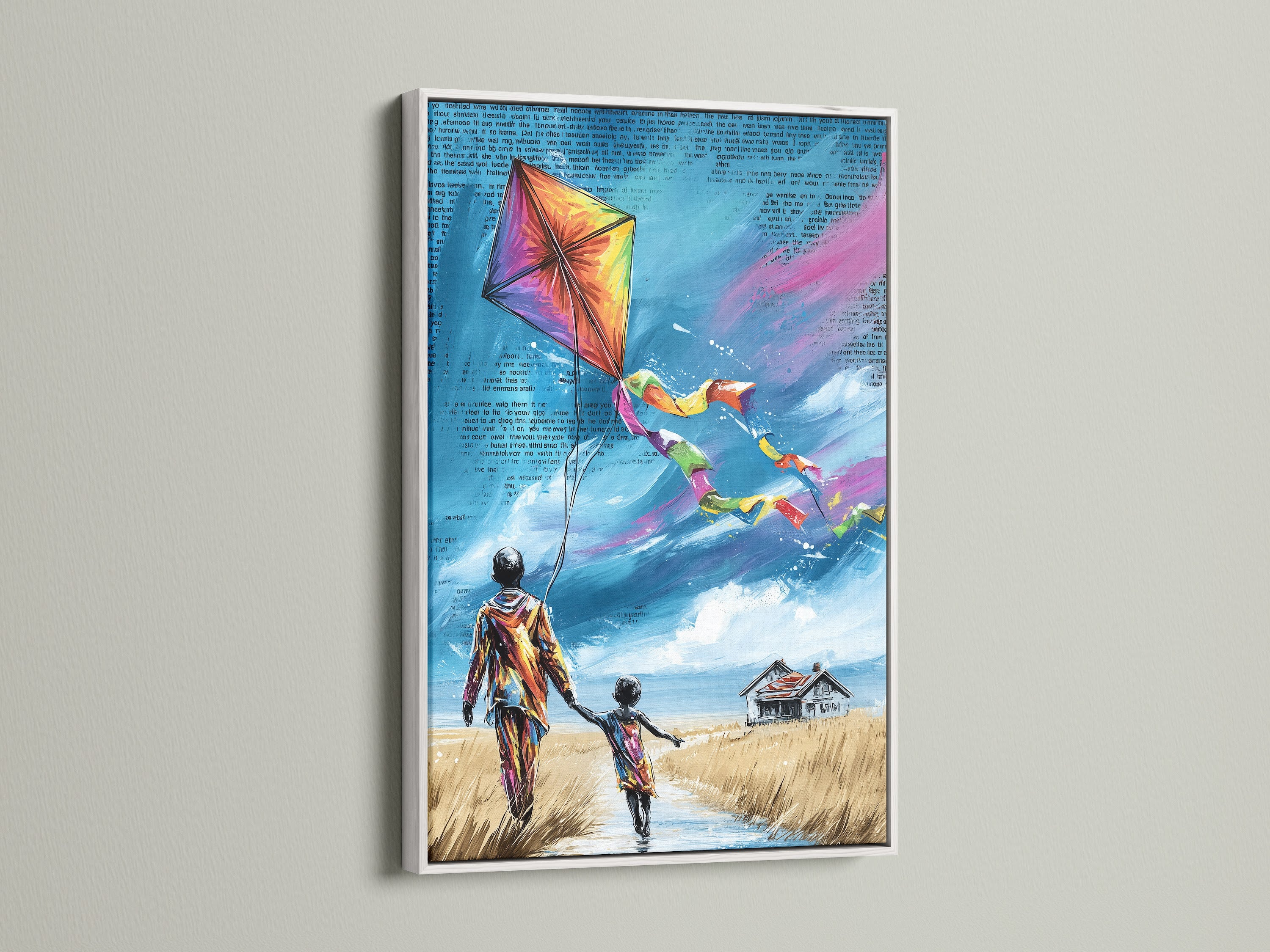 Kite artwork is showcased in a clean white frame. The colorful scene of a child and adult with a kite makes the artwork pop. A white frame offers a fresh modern look. Perfect for adding a playful touch to nurseries or family rooms. This artwork celebrates family bonds.