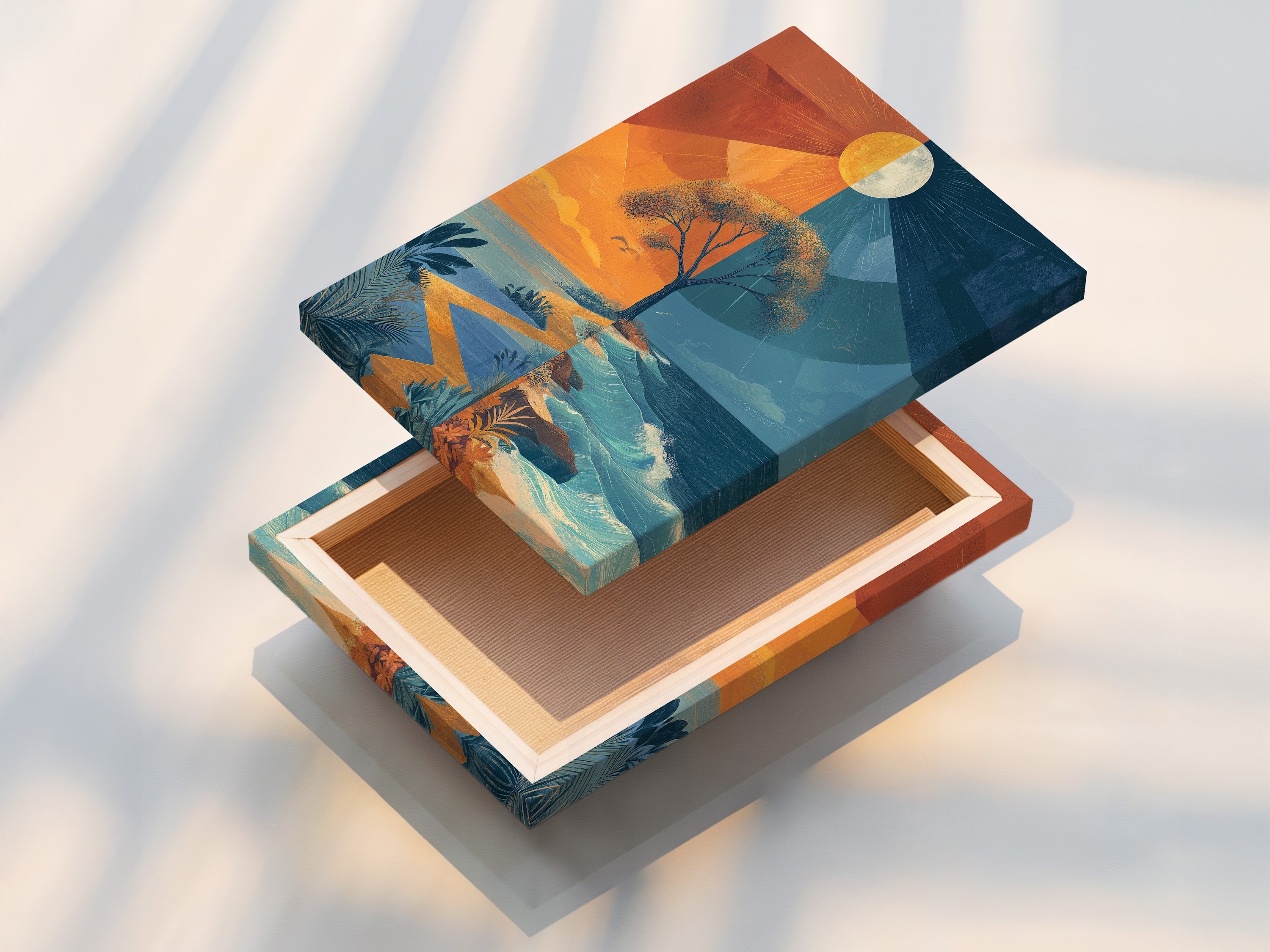 A stretched canvas print displays a beautiful surreal tree art piece. The orange and blue abstract artwork is ready to hang. This modern landscape canvas offers a clean and contemporary look. It's perfect for enhancing any space with coastal charm.