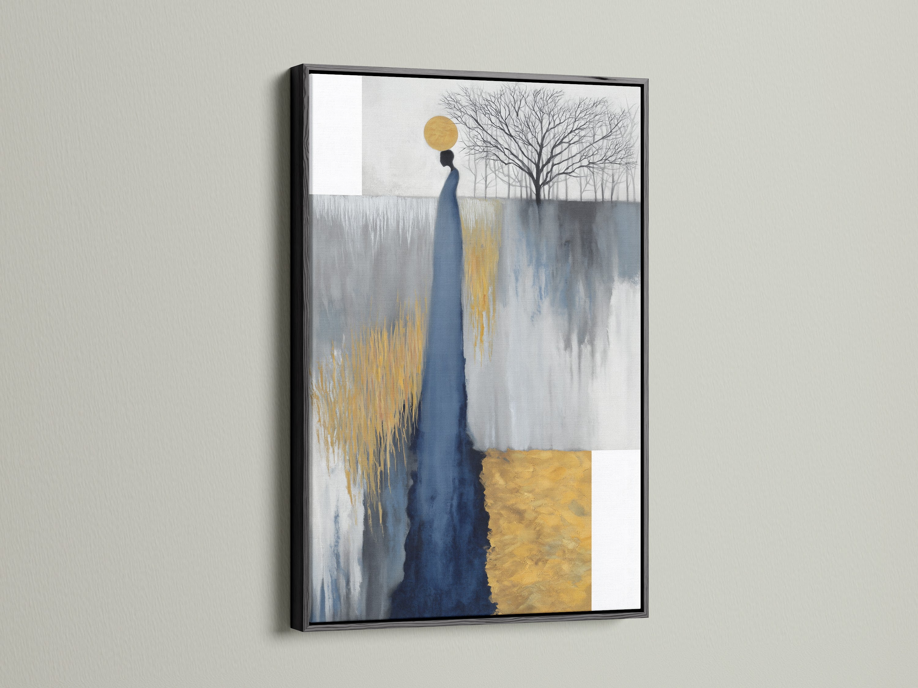 Here's an abstract figure canvas print with a black frame. The art features a captivating combination of grey blue and gold hues. This modern piece is suited for Scandinavian modern or eclectic interiors. It brings an artistic flair to studios lobbies and boutiques.