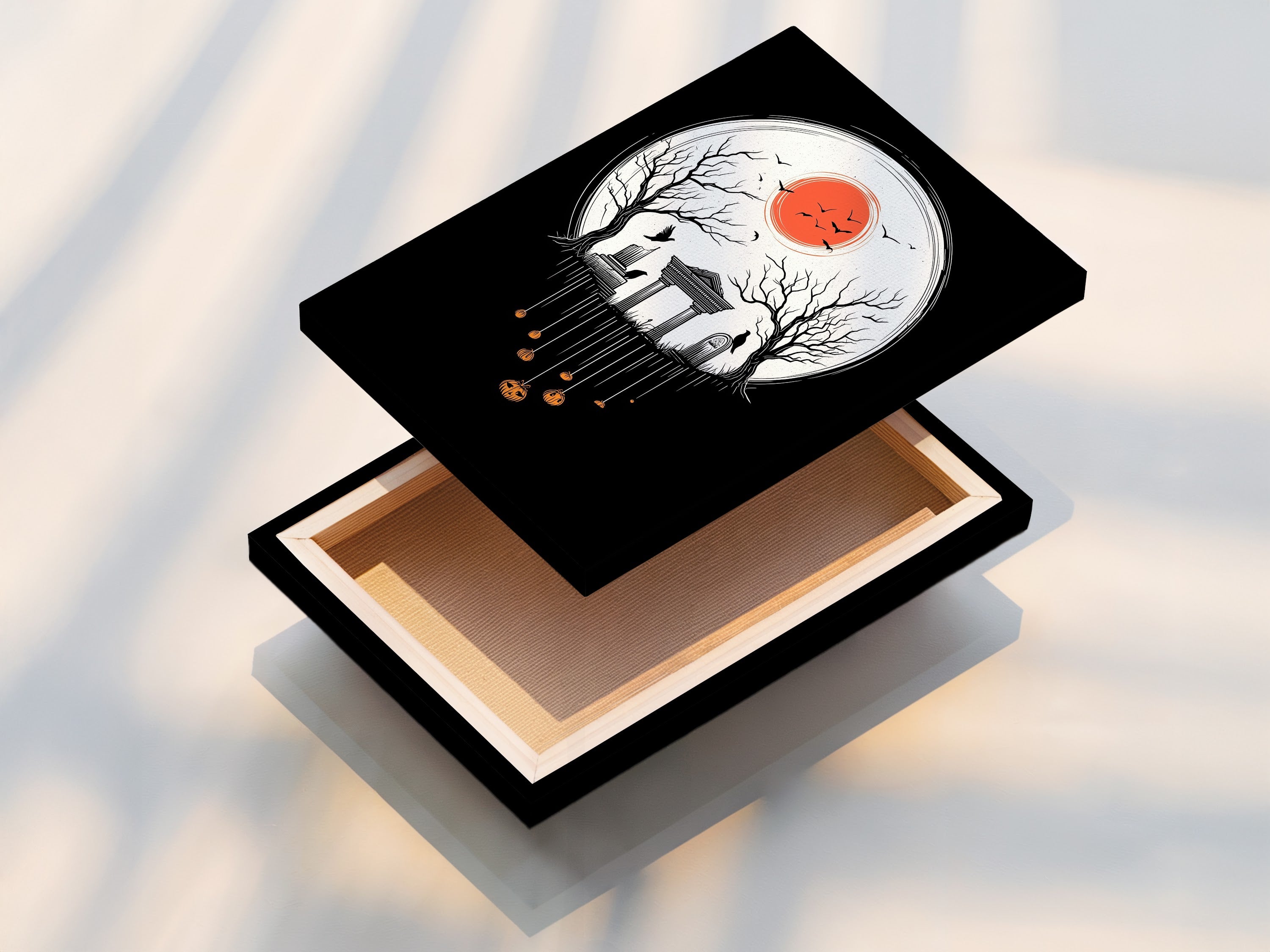 This is a stretched canvas print of our Halloween Night artwork. The print features a spooky cemetery. It is ideal for gothic wall decor during the fall season. This creepy artwork makes a perfect Halloween gift.