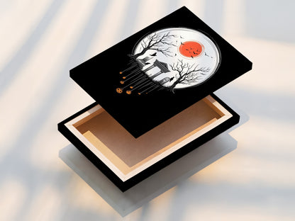 This is a stretched canvas print of our Halloween Night artwork. The print features a spooky cemetery. It is ideal for gothic wall decor during the fall season. This creepy artwork makes a perfect Halloween gift.