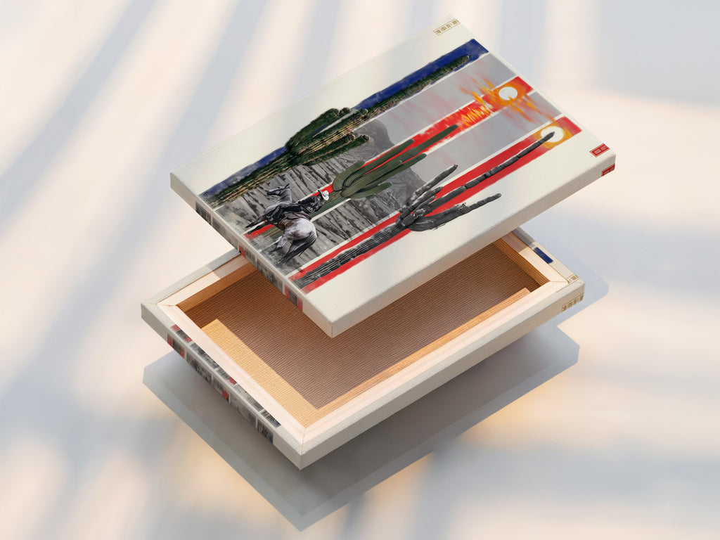 This is a stretched canvas print featuring a desert landscape. The cowboy wall art showcases cacti and a rider on horseback. This gallery-wrapped canvas is ready to hang. It brings the spirit of the southwest to any room. Perfect for rustic and western decor.