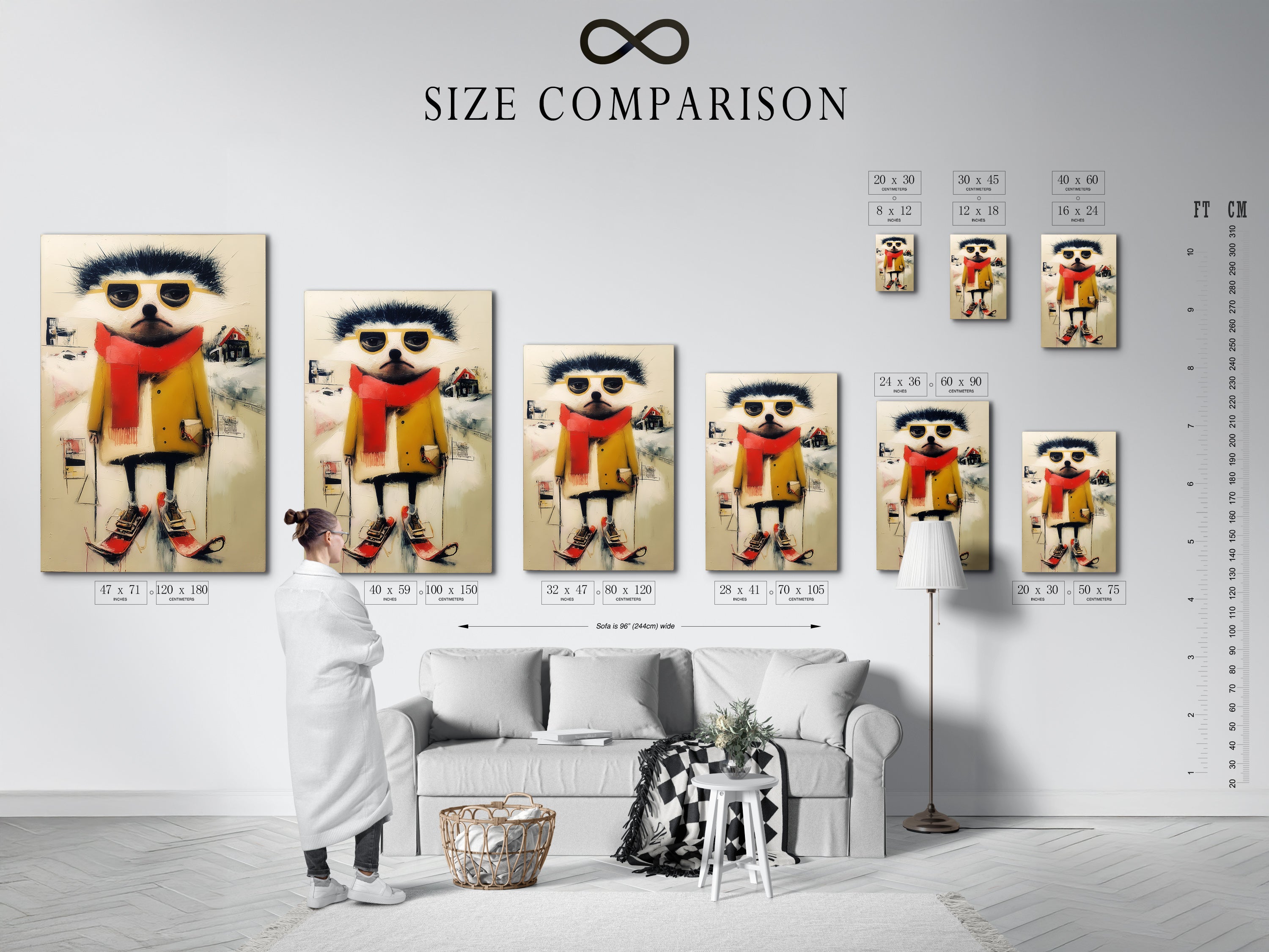 Size comparison chart in an interior setting. See how the quirky ski animal artwork fits in different spaces. Perfect for planning your kids' room decor. Visualize this whimsical winter wall art in your home