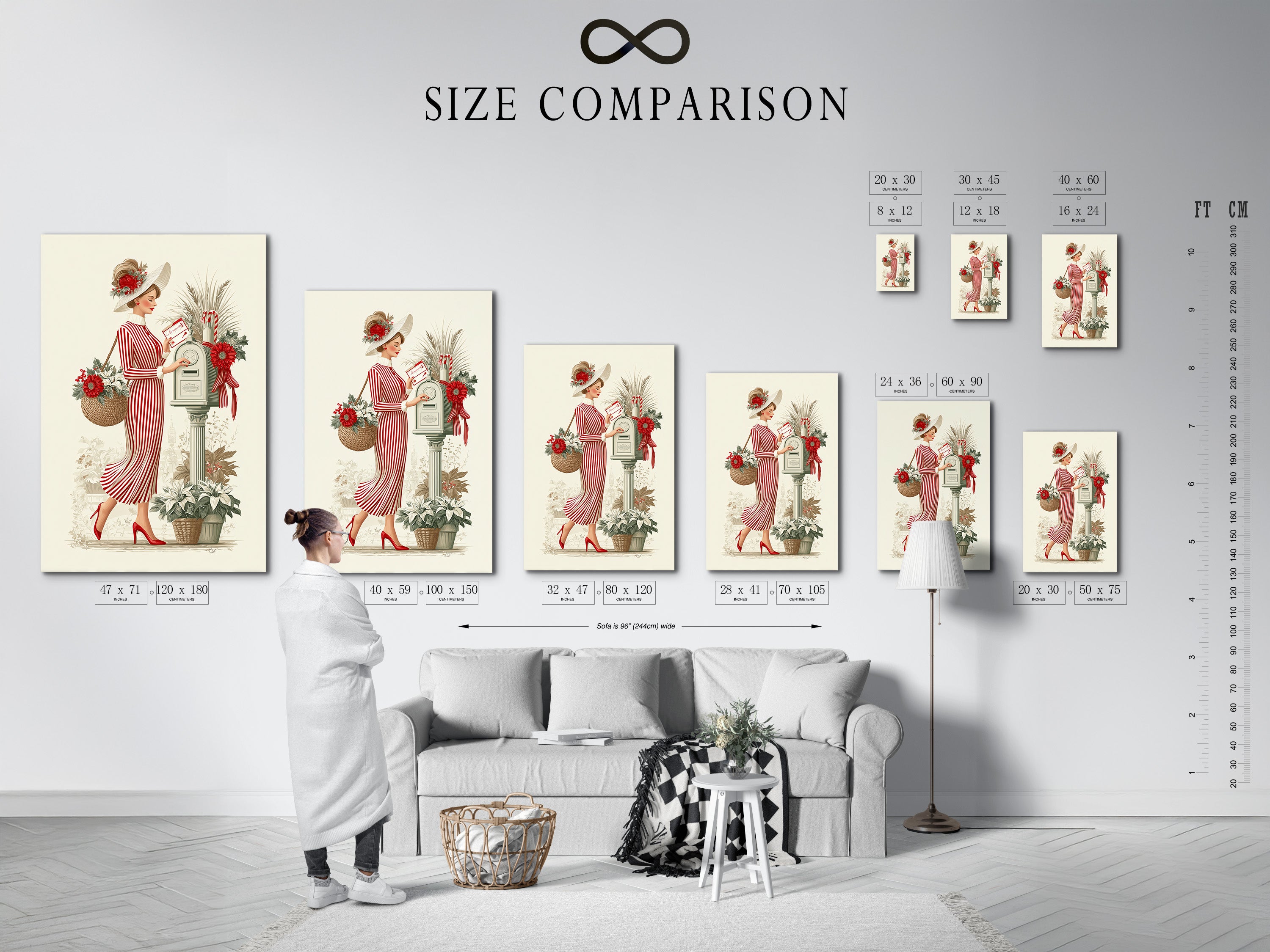 A size comparison chart is displayed in an interior setting. The vintage lady artwork is available in various sizes. The red striped dress art allows you to choose the perfect fit for your space. Compare sizes and find the ideal artwork for your home.