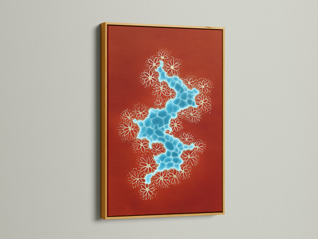 Abstract River artwork with a terracotta and blue color palette. The artwork is displayed in a gold frame. This modern botanical artwork adds a touch of nature and sophistication to any space. Perfect bohemian wall decor for studios.