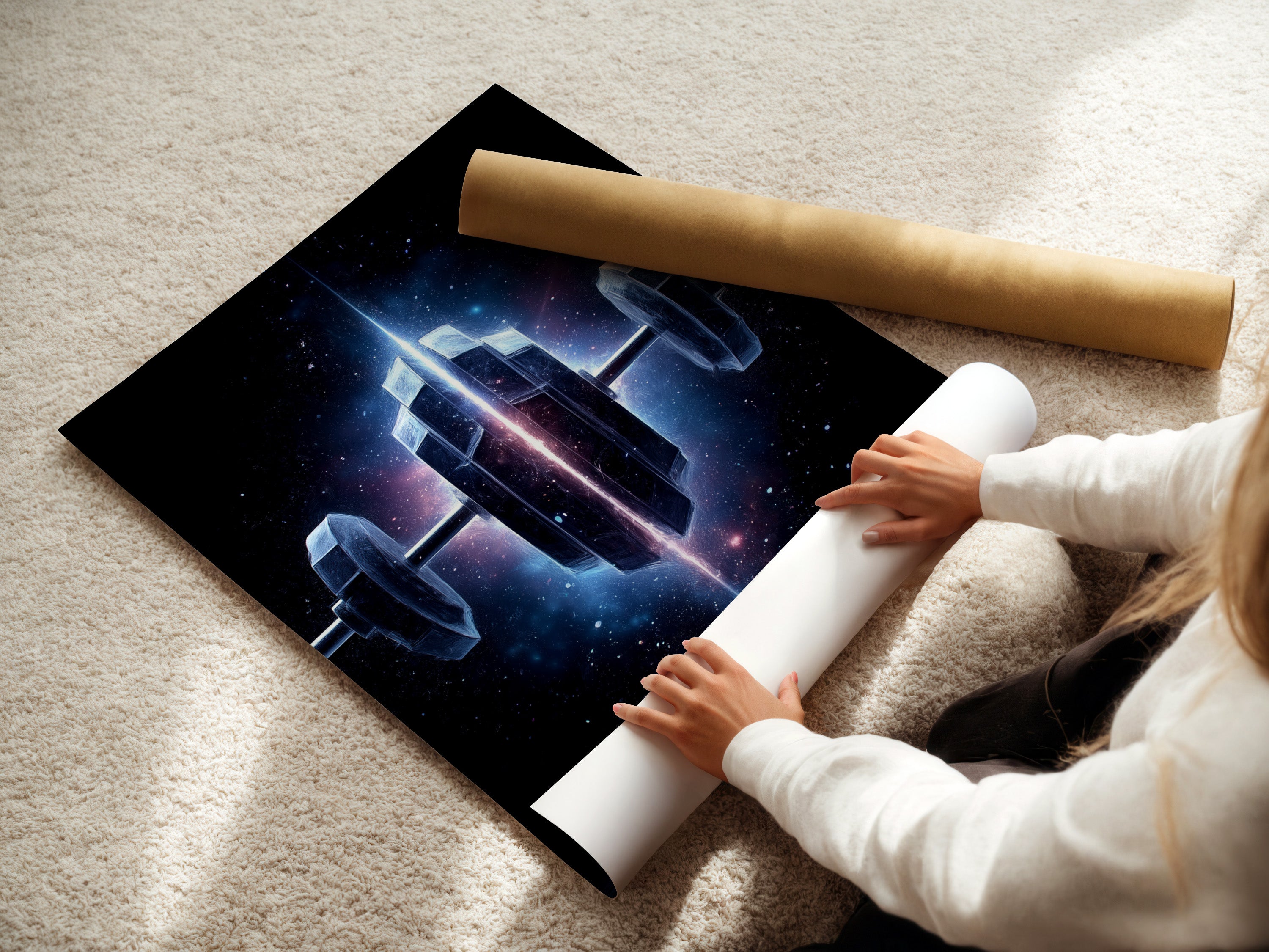 A woman is carefully rolling a fine art poster paper print. This Cosmic Dumbbell art is ready to be displayed. Ideal for home gym wall art. Get your motivational workout art today for your fitness studio decor.