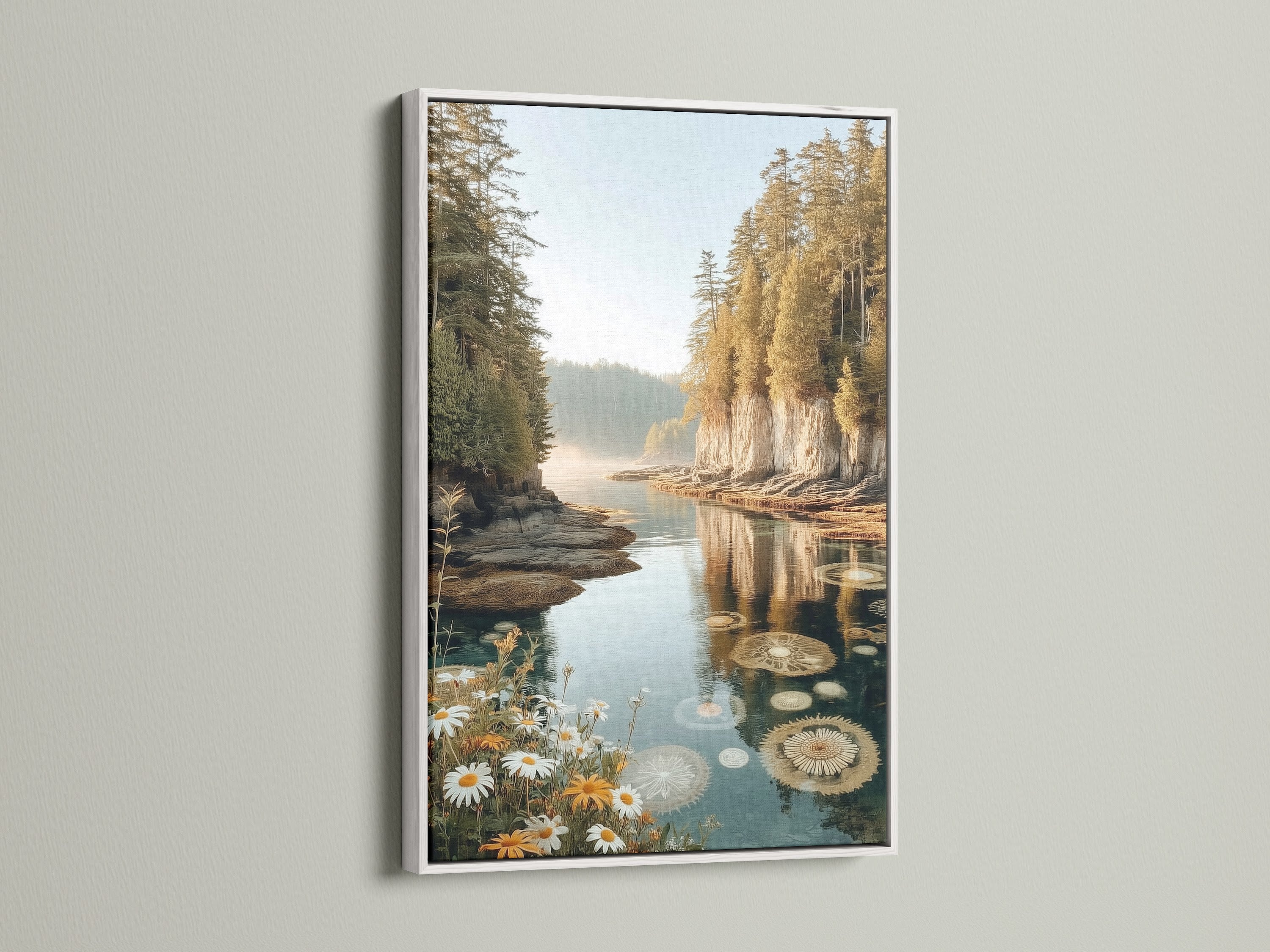 Elevate your serene landscape with a white frame. This canvas print depicts a tranquil lake reflection art. The frame enhances autumn forest wall art. Bring a peaceful coastal aesthetic to your sunroom or studio with framed artwork.