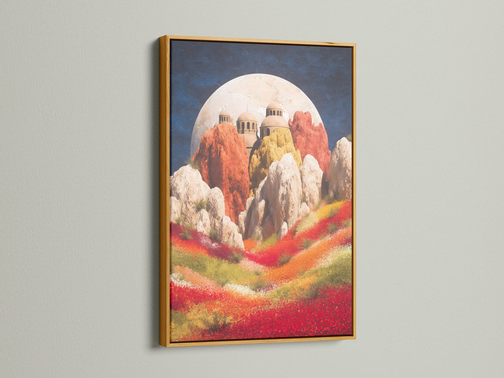 Transform your home with this fantasy landscape print in a gold frame. The surreal artwork features a dreamy floral field. This dreamscape art is great for cafés. It is a colorful canvas for creative workspaces.