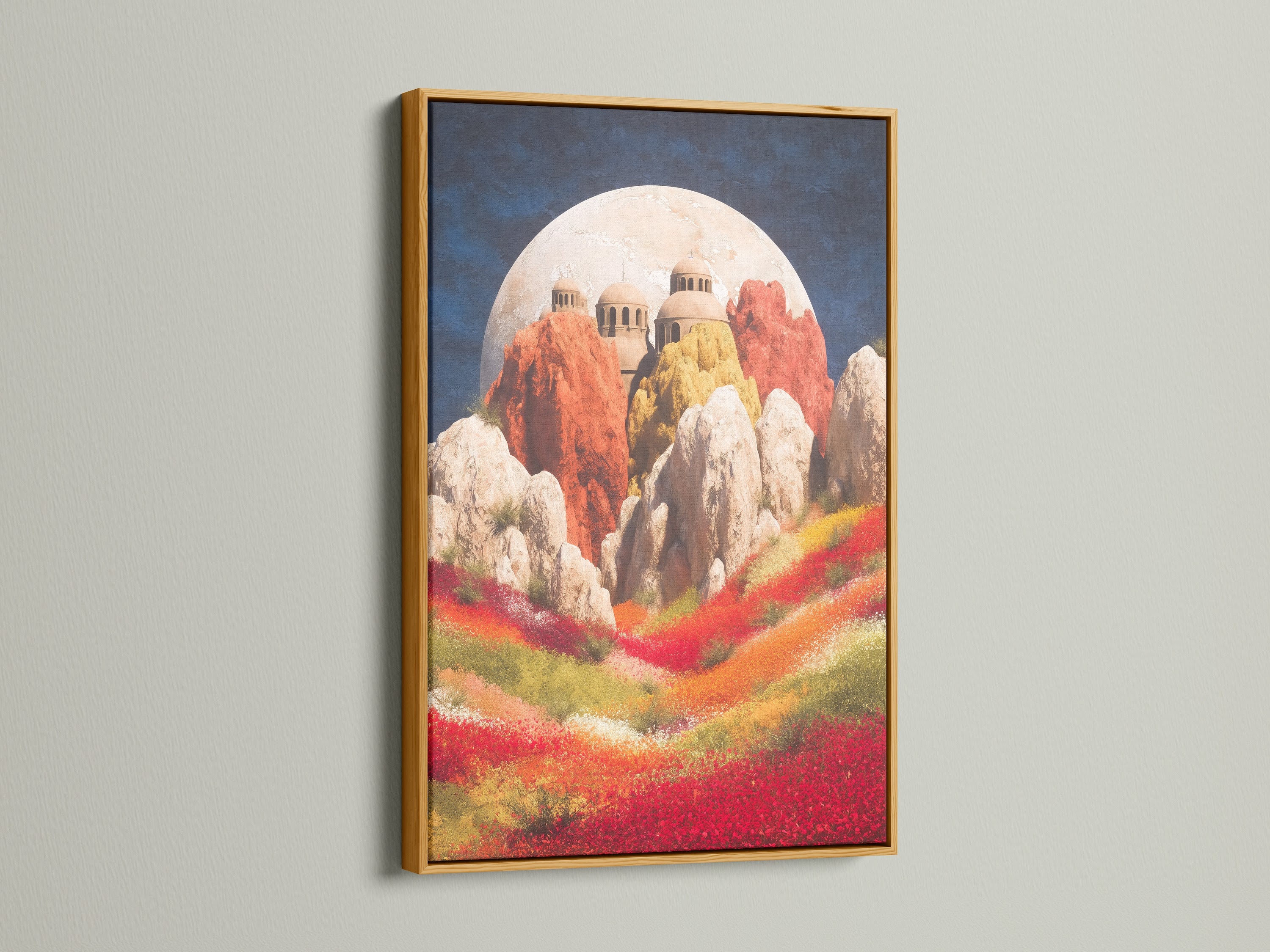 Transform your home with this fantasy landscape print in a gold frame. The surreal artwork features a dreamy floral field. This dreamscape art is great for cafés. It is a colorful canvas for creative workspaces.