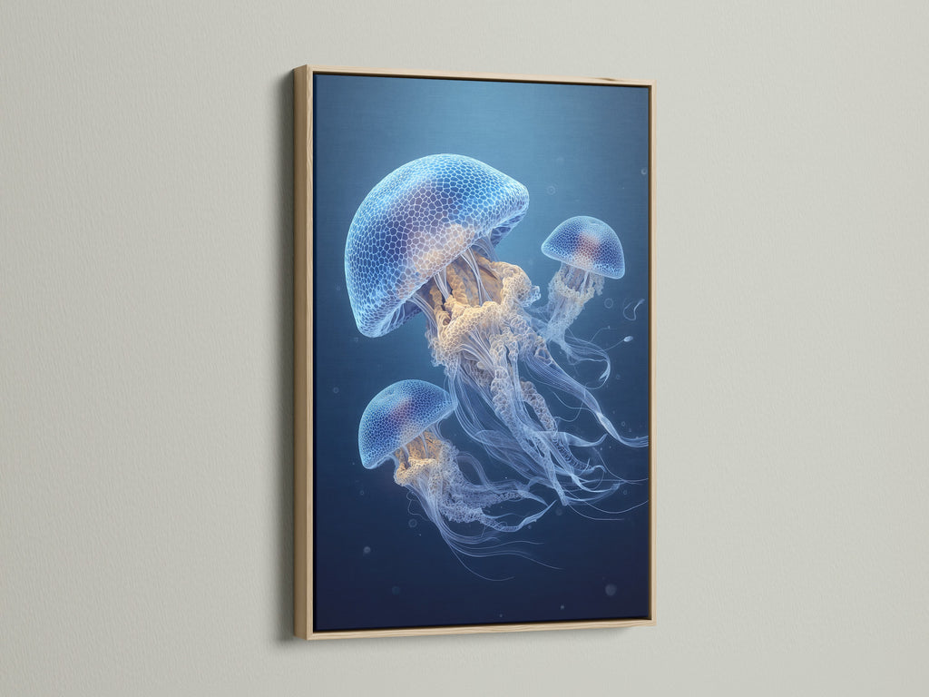 Jellyfish artwork in an oak frame. The frame enhances the artwork. The oak frame adds natural warmth. This is a stylish way to display the art. It complements the jellyfish artwork. The oak frame provides a classic touch. Perfect for ocean art enthusiasts. Elevate your home decor with this piece. Find the perfect frame for your art.