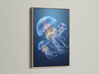 Jellyfish artwork in an oak frame. The frame enhances the artwork. The oak frame adds natural warmth. This is a stylish way to display the art. It complements the jellyfish artwork. The oak frame provides a classic touch. Perfect for ocean art enthusiasts. Elevate your home decor with this piece. Find the perfect frame for your art.