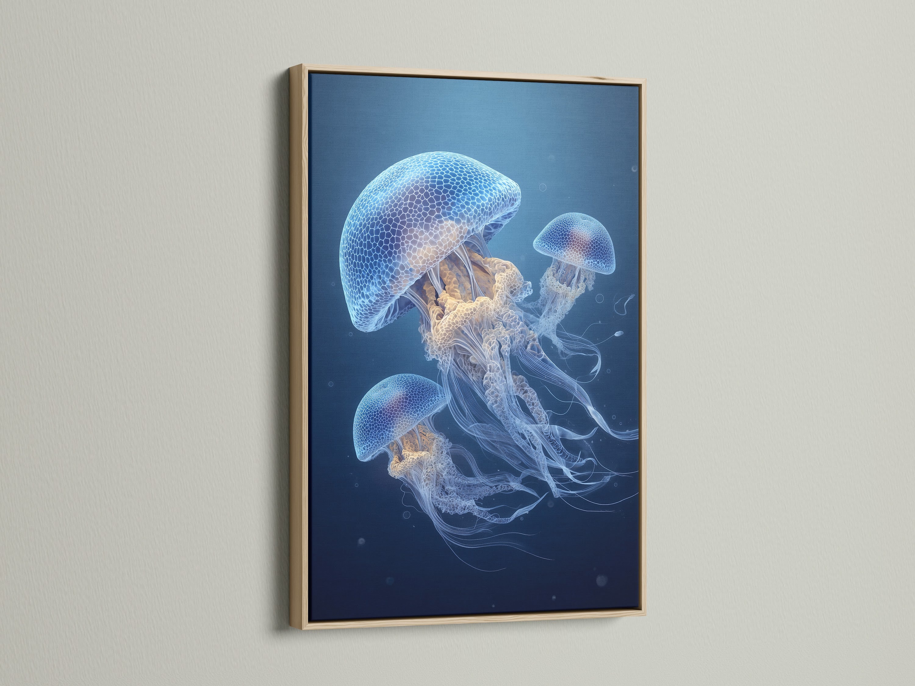 Jellyfish artwork in an oak frame. The frame enhances the artwork. The oak frame adds natural warmth. This is a stylish way to display the art. It complements the jellyfish artwork. The oak frame provides a classic touch. Perfect for ocean art enthusiasts. Elevate your home decor with this piece. Find the perfect frame for your art.